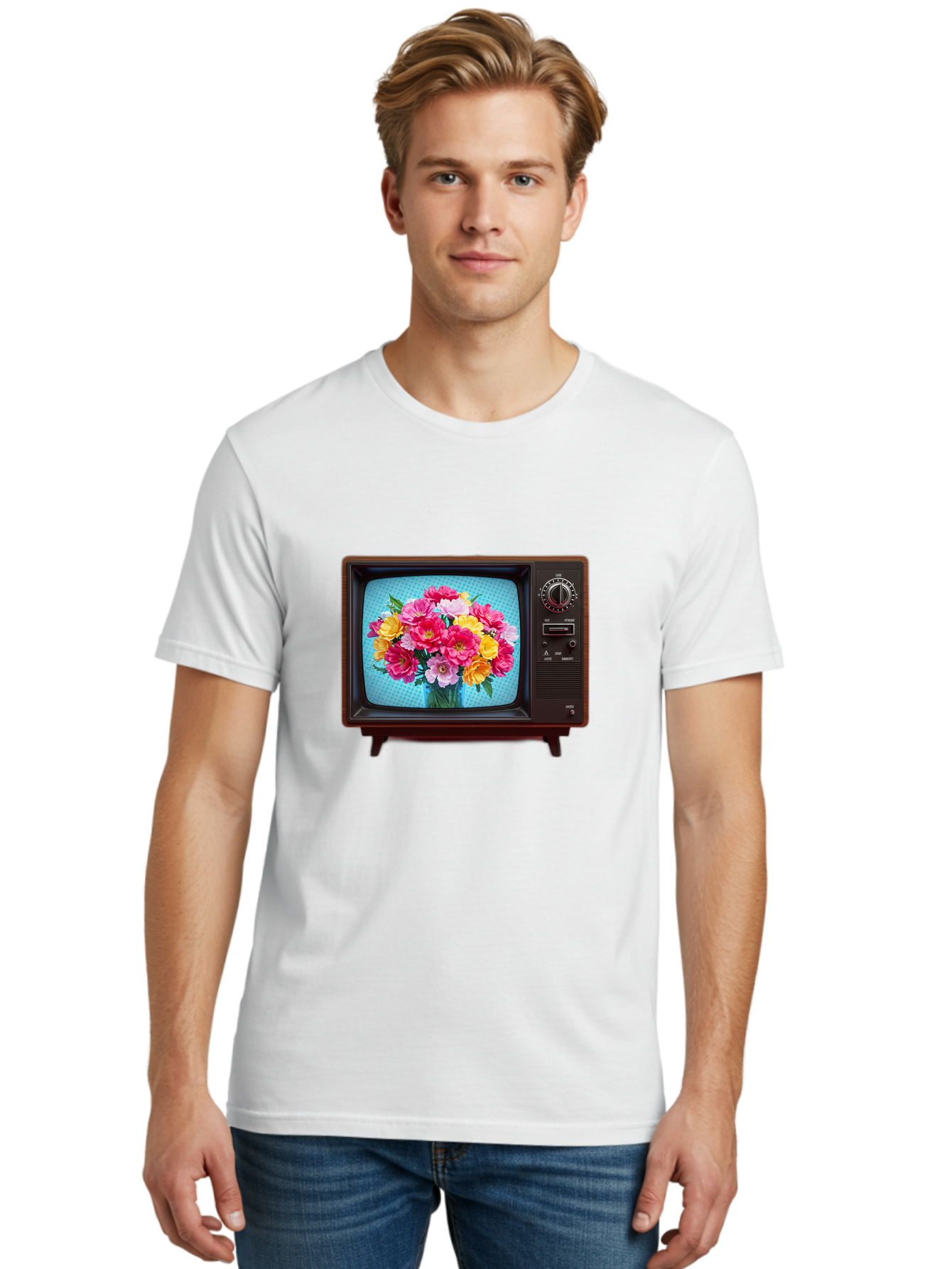 Floral-Bouquet-Tv Men'S Graphic Tee, 100% Cotton, Comfortable Casual Summer Wear, Machine Washable, Vintage Camera, Old Camera, Antique Camera, Black Camera, Classic Photography, Photography Equipment, Nostalgic Device, Film Camera, Camera Art Bak607