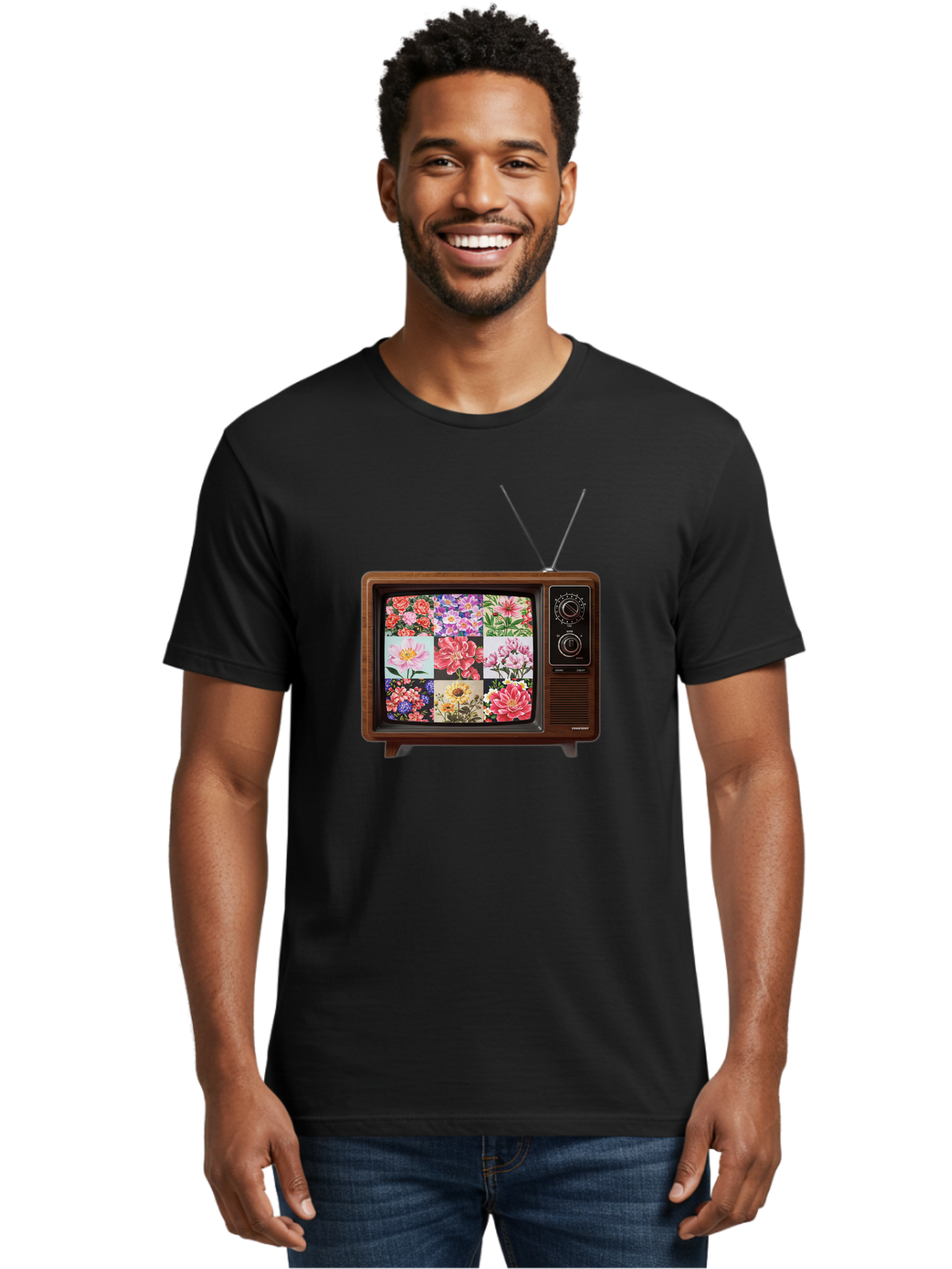 Flower-Collage-Tv Men'S Graphic Tee, 100% Cotton, Comfortable Casual Summer Wear, Machine Washable, Vintage Camera, Old Camera, Antique Camera, Black Camera, Classic Photography, Photography Equipment, Nostalgic Device, Film Camera, Camera Art Bak612