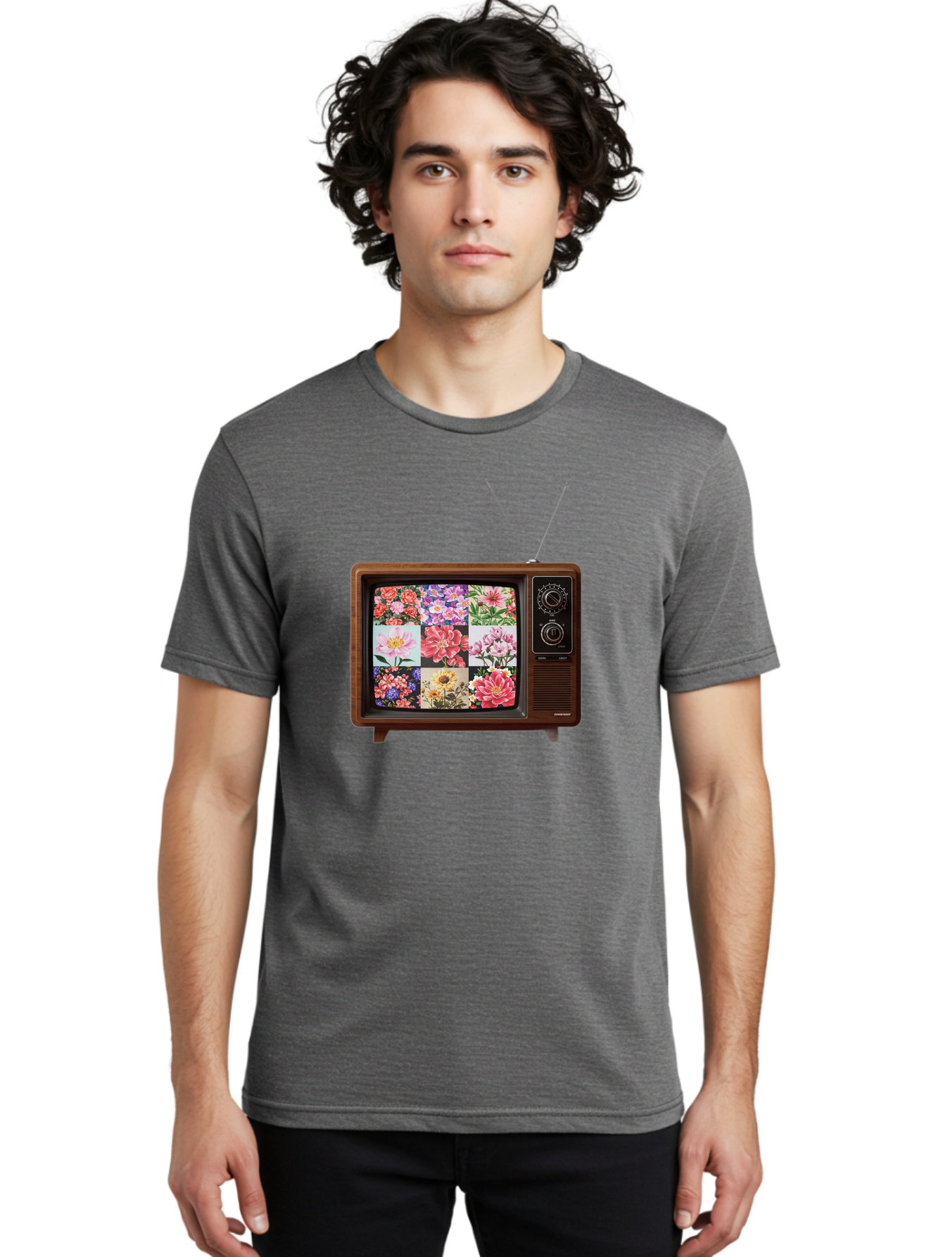Flower-Collage-Tv Men'S Graphic Tee, 100% Cotton, Comfortable Casual Summer Wear, Machine Washable, Vintage Camera, Old Camera, Antique Camera, Black Camera, Classic Photography, Photography Equipment, Nostalgic Device, Film Camera, Camera Art Bak612