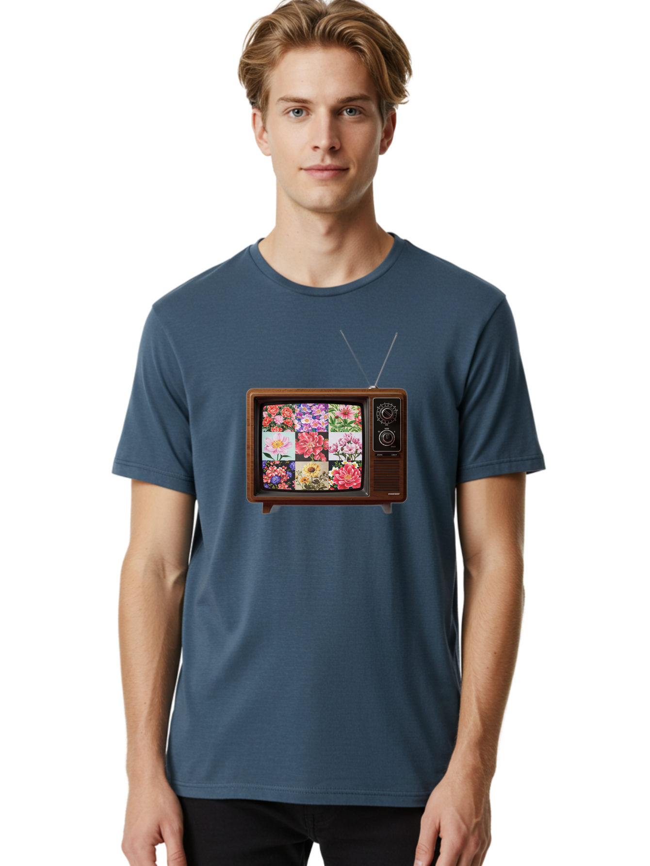 Flower-Collage-Tv Men'S Graphic Tee, 100% Cotton, Comfortable Casual Summer Wear, Machine Washable, Vintage Camera, Old Camera, Antique Camera, Black Camera, Classic Photography, Photography Equipment, Nostalgic Device, Film Camera, Camera Art Bak612