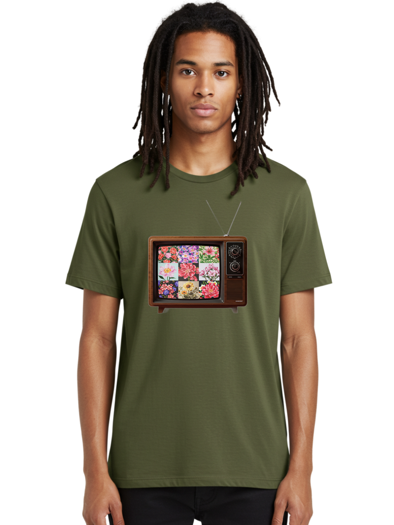 Flower-Collage-Tv Men'S Graphic Tee, 100% Cotton, Comfortable Casual Summer Wear, Machine Washable, Vintage Camera, Old Camera, Antique Camera, Black Camera, Classic Photography, Photography Equipment, Nostalgic Device, Film Camera, Camera Art Bak612