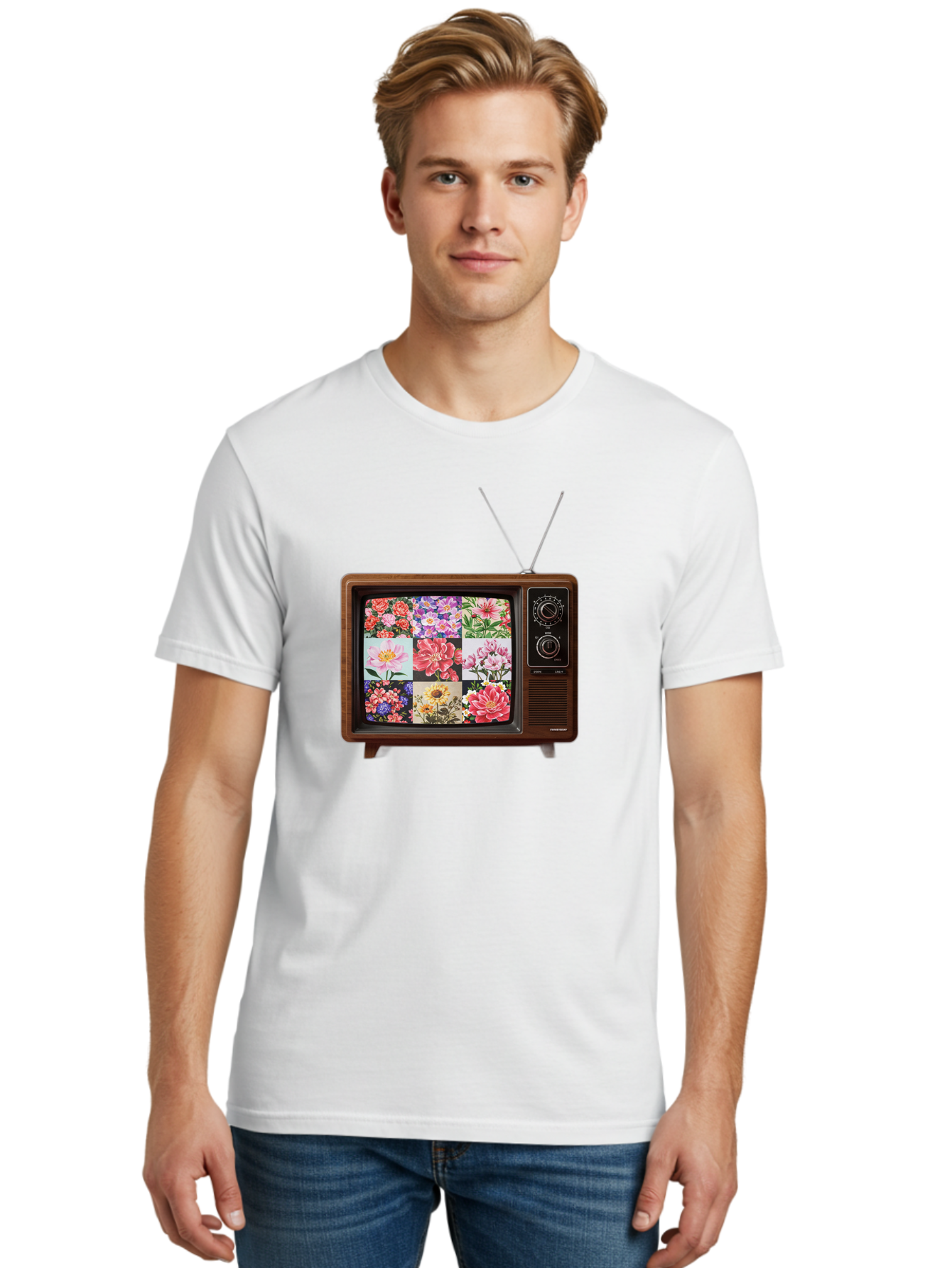Flower-Collage-Tv Men'S Graphic Tee, 100% Cotton, Comfortable Casual Summer Wear, Machine Washable, Vintage Camera, Old Camera, Antique Camera, Black Camera, Classic Photography, Photography Equipment, Nostalgic Device, Film Camera, Camera Art Bak612