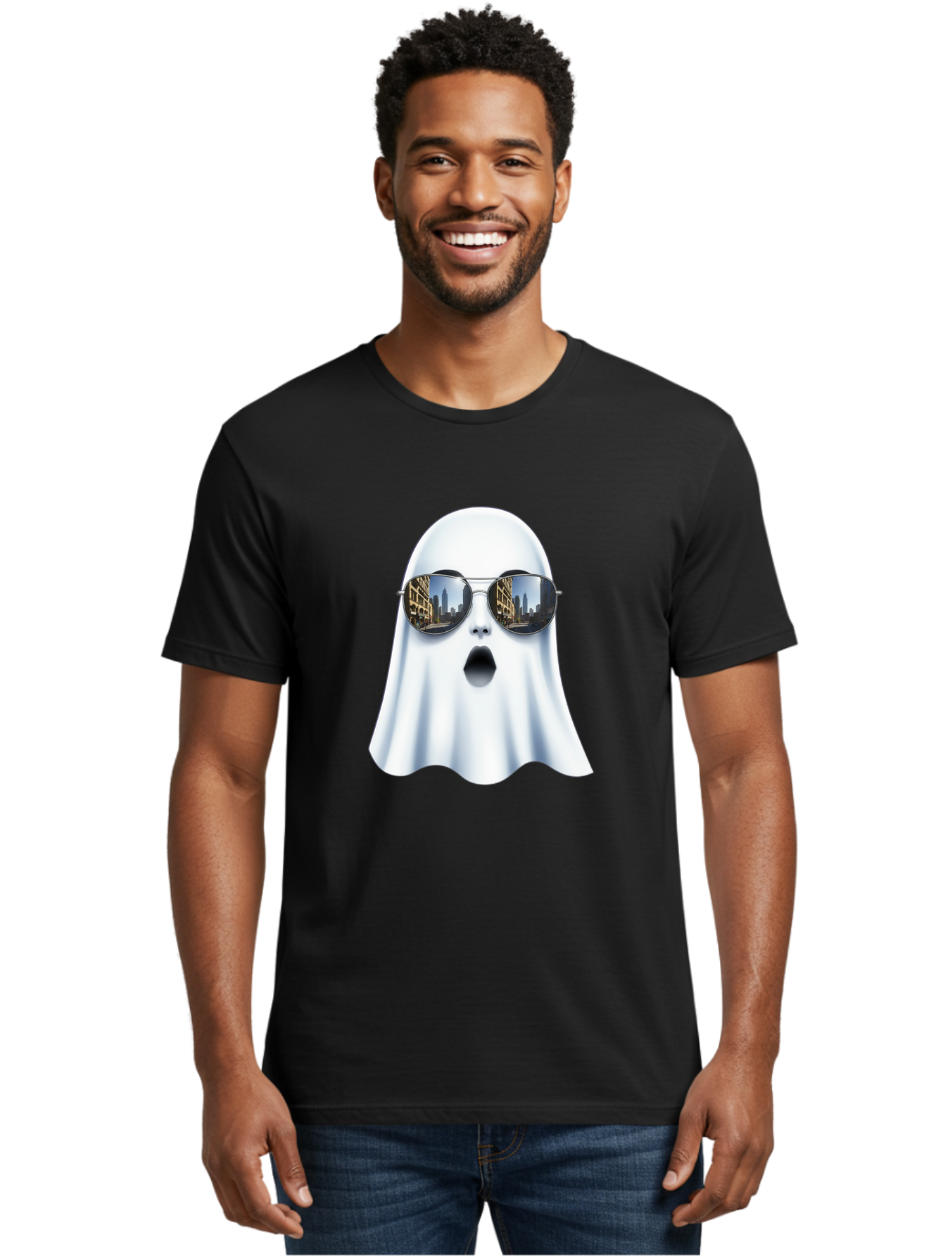 Ghost-With-Sunglasses-1 Men'S Graphic Tee, 100% Cotton, Comfortable Casual Summer Wear, Machine Washable, Vintage Camera, Old Camera, Antique Camera, Black Camera, Classic Photography, Photography Equipment, Nostalgic Device, Film Camera, Bak679