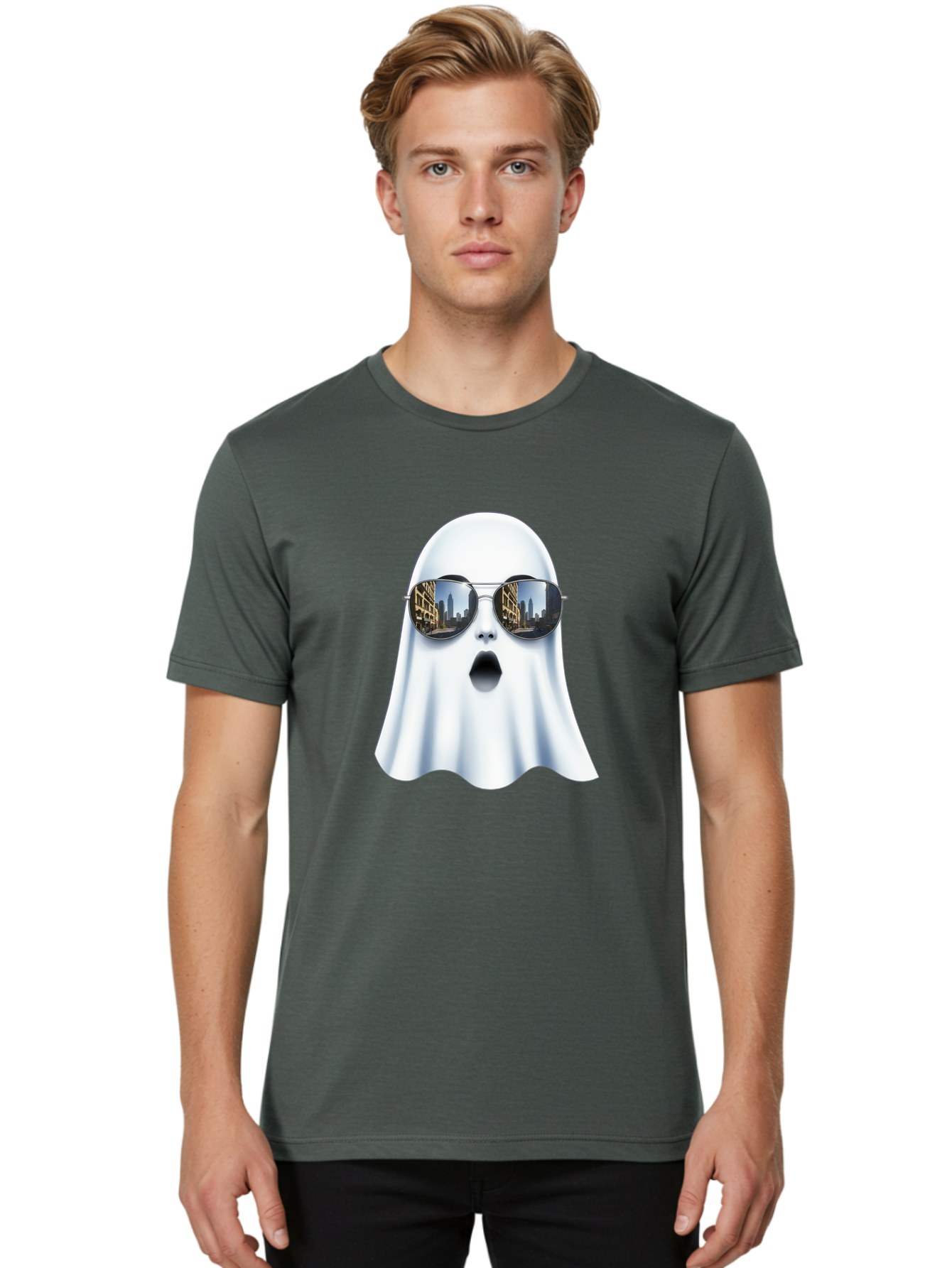 Ghost-With-Sunglasses-1 Men'S Graphic Tee, 100% Cotton, Comfortable Casual Summer Wear, Machine Washable, Vintage Camera, Old Camera, Antique Camera, Black Camera, Classic Photography, Photography Equipment, Nostalgic Device, Film Camera, Bak679