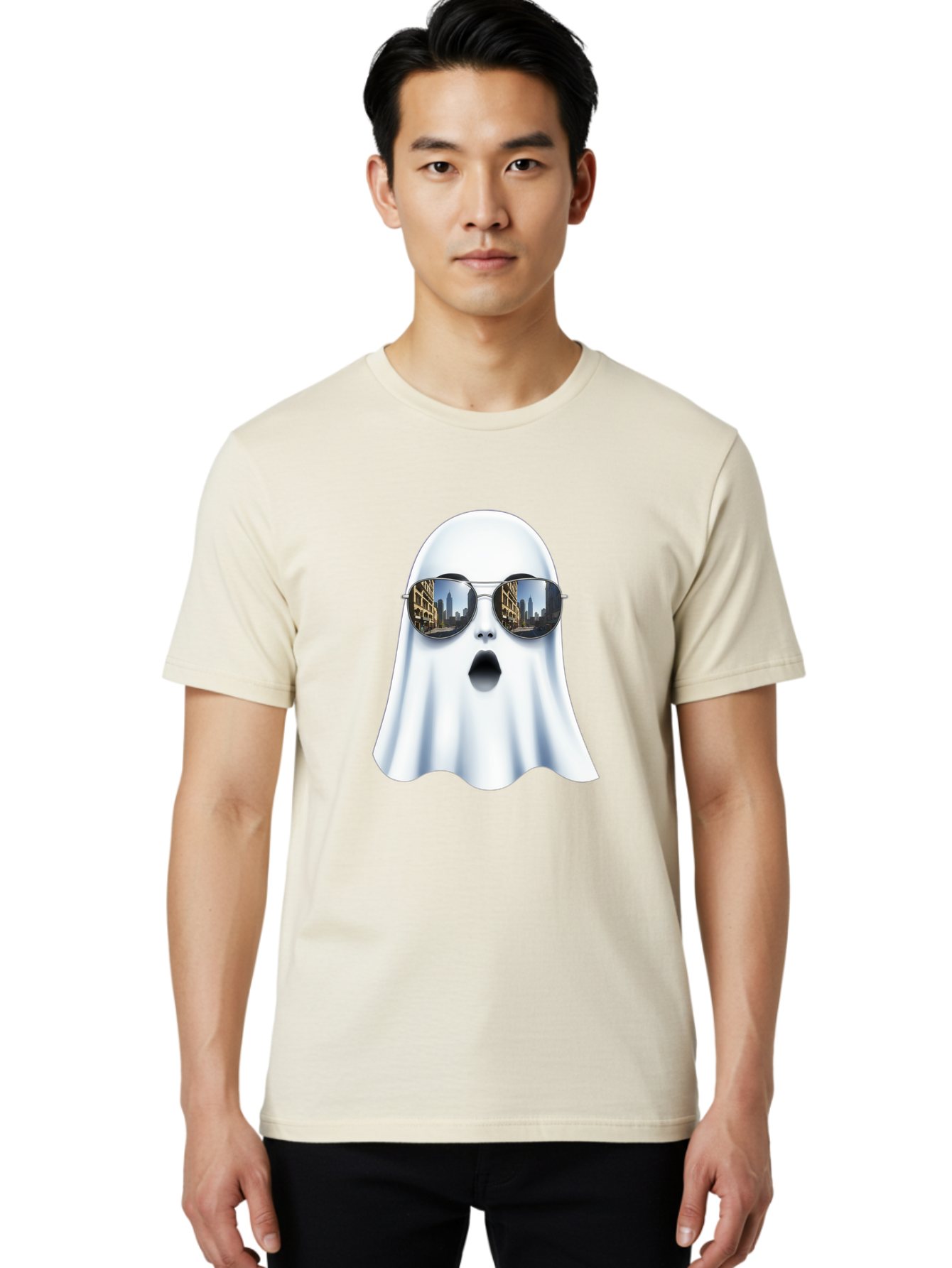 Ghost-With-Sunglasses-1 Men'S Graphic Tee, 100% Cotton, Comfortable Casual Summer Wear, Machine Washable, Vintage Camera, Old Camera, Antique Camera, Black Camera, Classic Photography, Photography Equipment, Nostalgic Device, Film Camera, Bak679