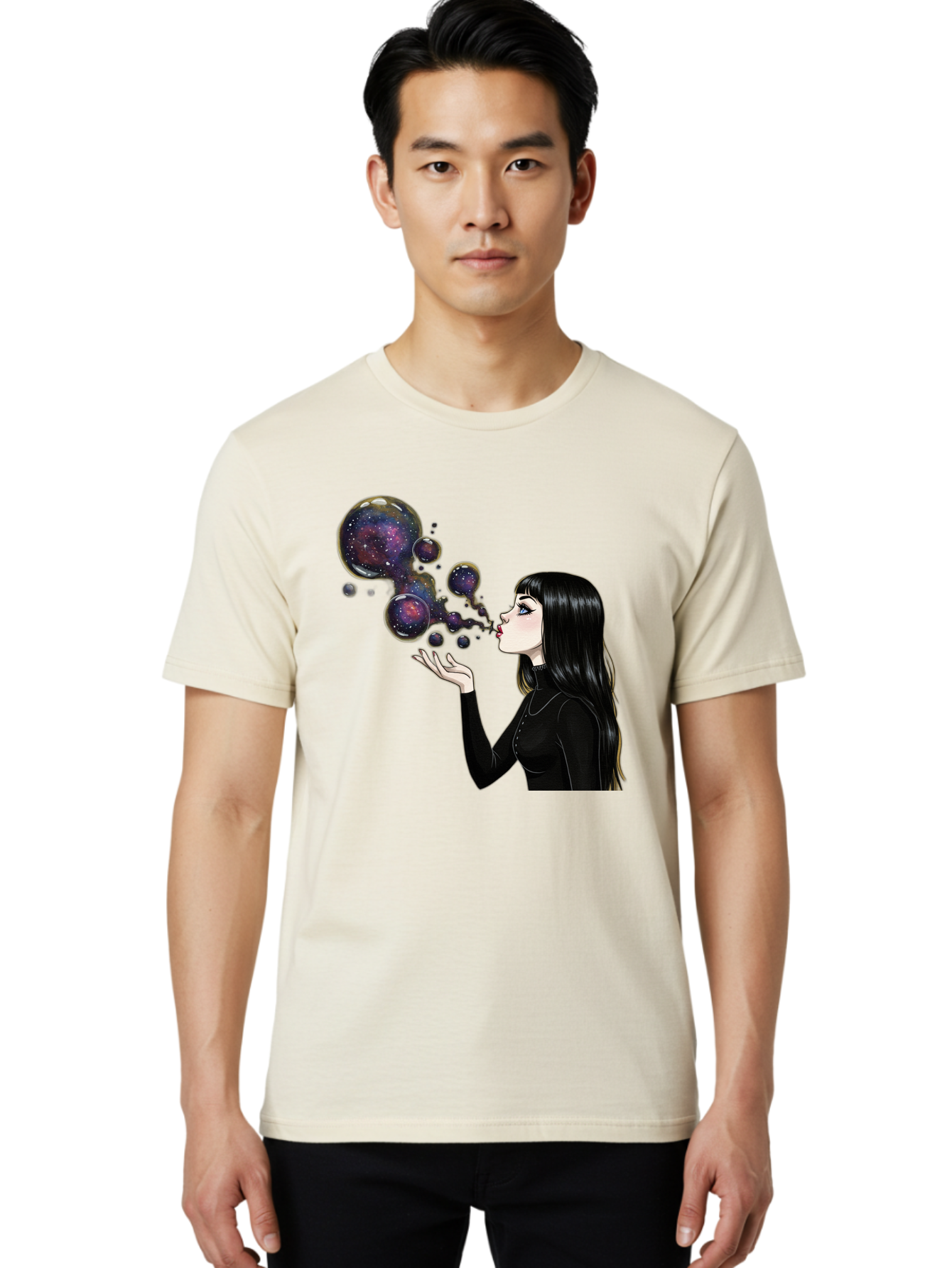 Girl-Blowing-Galaxy-Bubbles-1 Men'S Graphic Tee, 100% Cotton, Comfortable Casual Summer Wear, Machine Washable, Vintage Camera, Old Camera, Antique Camera, Black Camera, Classic Photography, Photography Equipment, Nostalgic Device, Bak684