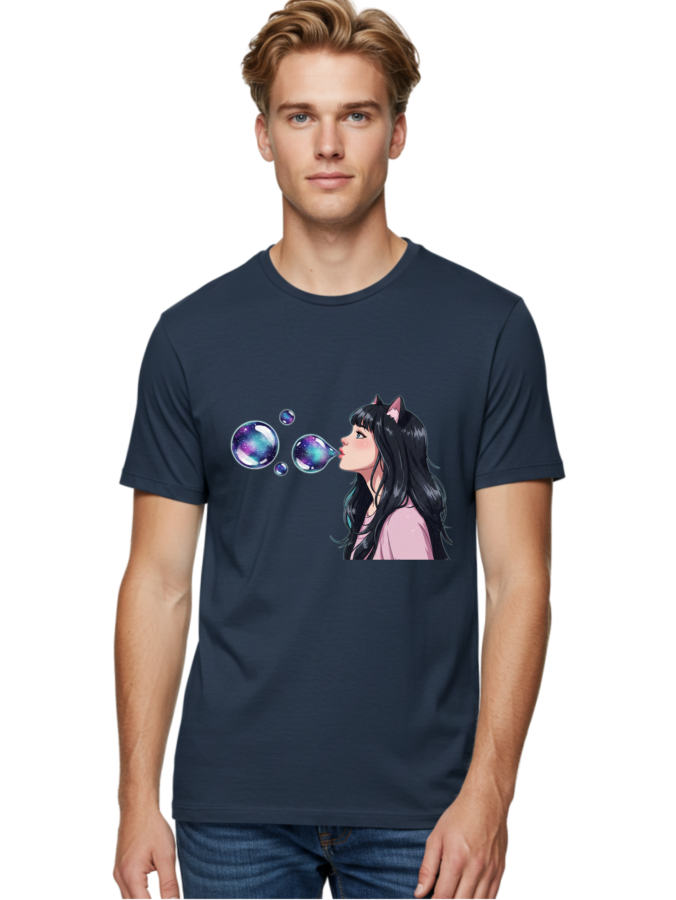 Girl-Blowing-Galaxy-Bubbles Men'S Graphic Tee, 100% Cotton, Comfortable Casual Summer Wear, Machine Washable, Vintage Camera, Old Camera, Antique Camera, Black Camera, Classic Photography, Photography Equipment, Nostalgic Device, Film Camera, Bak685