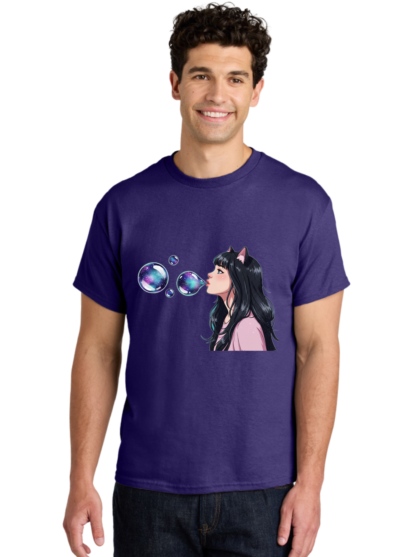 Girl-Blowing-Galaxy-Bubbles Men'S Graphic Tee, 100% Cotton, Comfortable Casual Summer Wear, Machine Washable, Vintage Camera, Old Camera, Antique Camera, Black Camera, Classic Photography, Photography Equipment, Nostalgic Device, Film Camera, Bak685