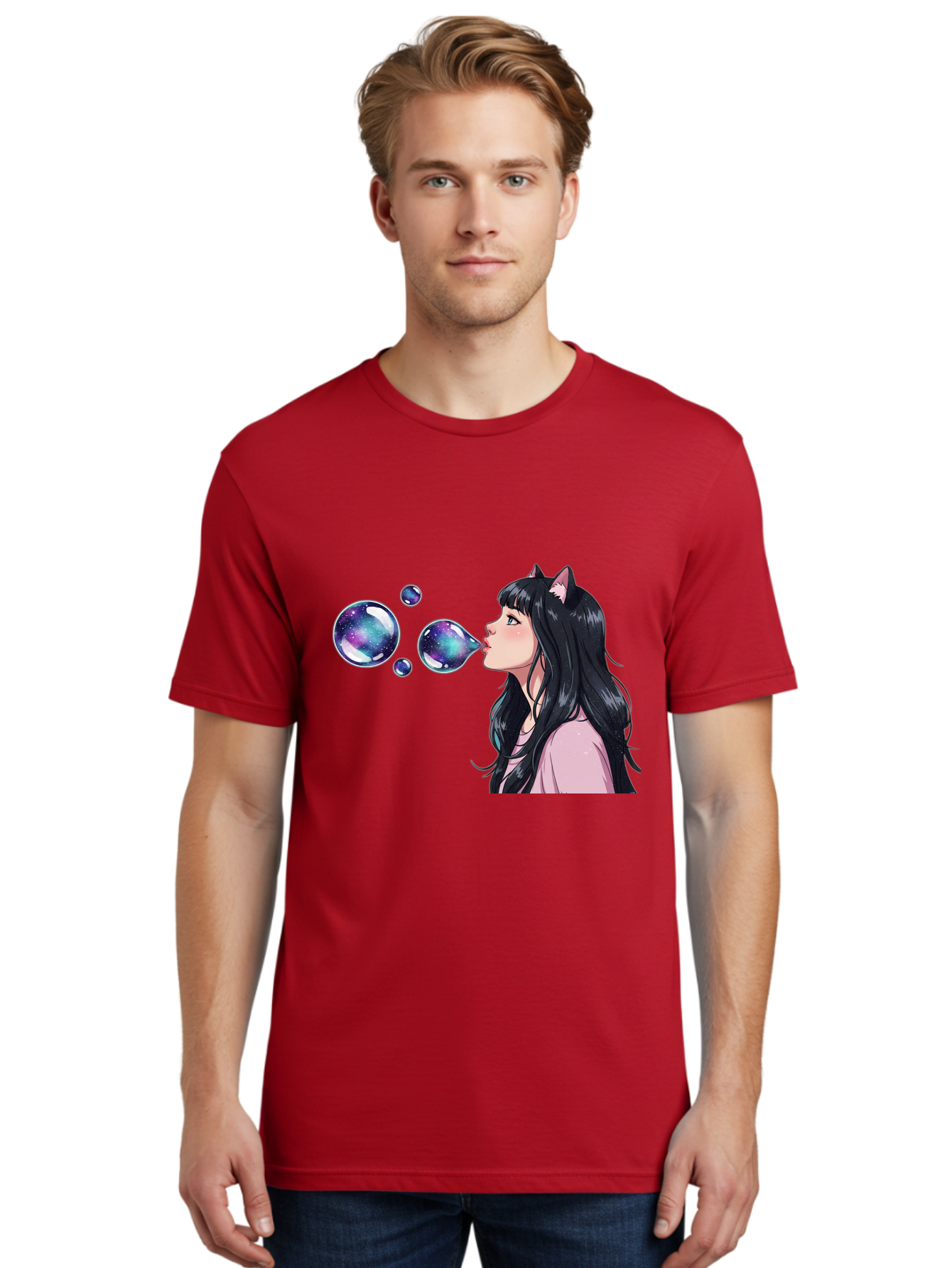 Girl-Blowing-Galaxy-Bubbles Men'S Graphic Tee, 100% Cotton, Comfortable Casual Summer Wear, Machine Washable, Vintage Camera, Old Camera, Antique Camera, Black Camera, Classic Photography, Photography Equipment, Nostalgic Device, Film Camera, Bak685