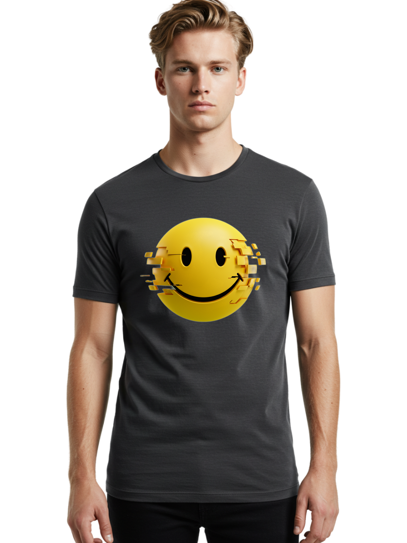 Glitch-Smiley-Face Men'S Graphic Tee, 100% Cotton, Comfortable Casual Summer Wear, Machine Washable, Vintage Camera, Old Camera, Antique Camera, Black Camera, Classic Photography, Photography Equipment, Nostalgic Device, Film Camera, Bak694