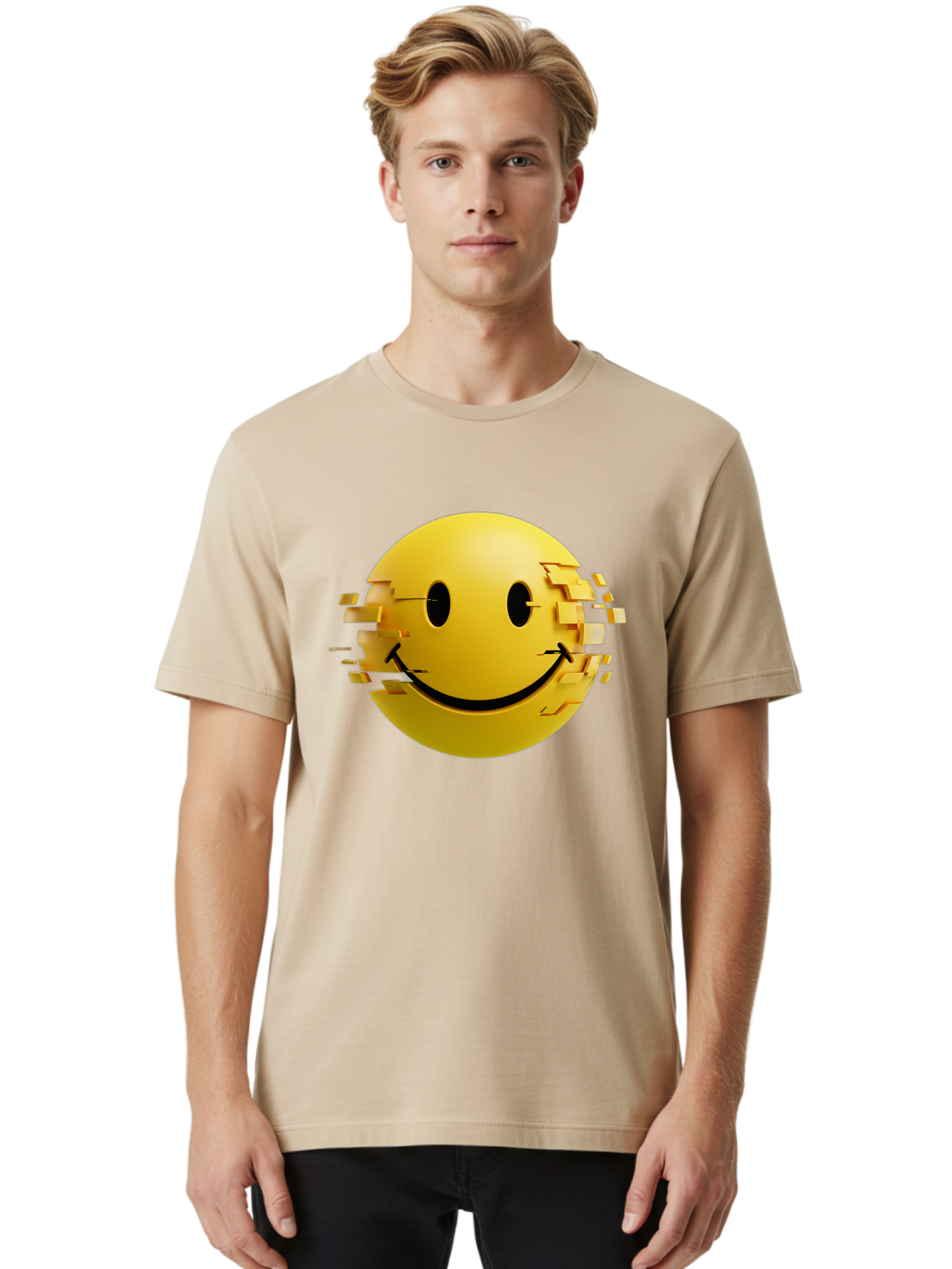 Glitch-Smiley-Face Men'S Graphic Tee, 100% Cotton, Comfortable Casual Summer Wear, Machine Washable, Vintage Camera, Old Camera, Antique Camera, Black Camera, Classic Photography, Photography Equipment, Nostalgic Device, Film Camera, Bak694