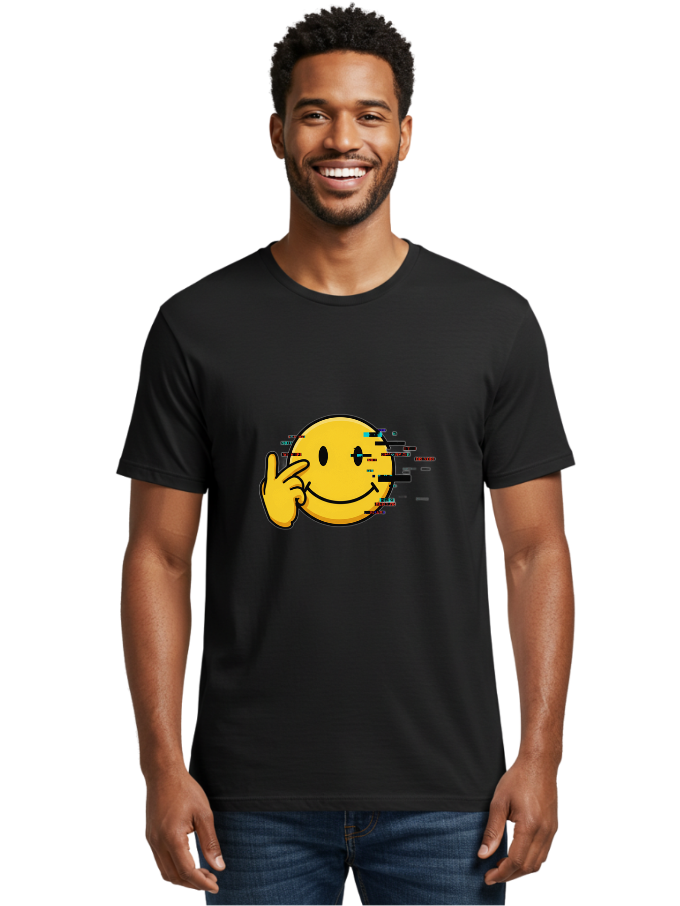 Glitch-Smiley Men'S Graphic Tee, 100% Cotton, Comfortable Casual Summer Wear, Machine Washable, Vintage Camera, Old Camera, Antique Camera, Black Camera, Classic Photography, Photography Equipment, Nostalgic Device, Film Camera, Camera Art Bak695