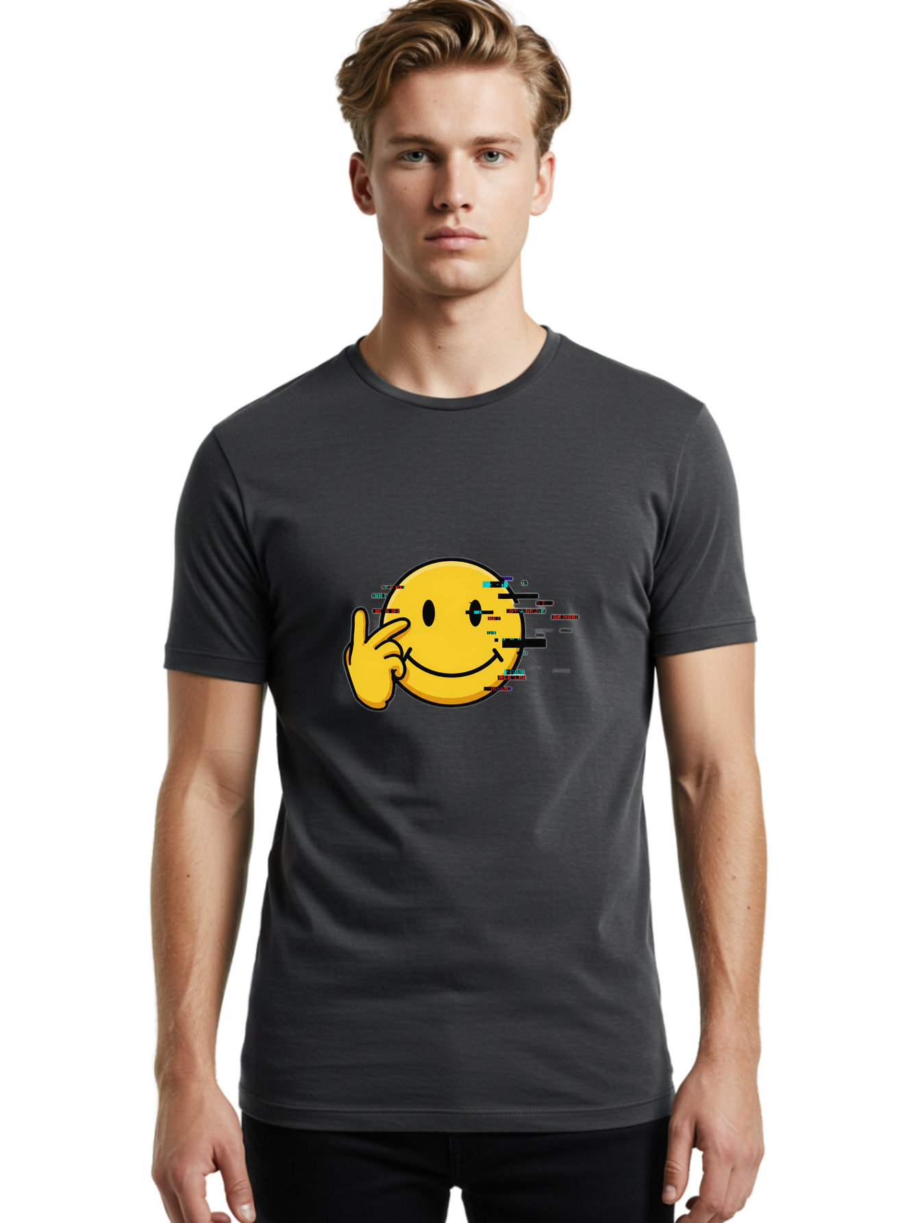Glitch-Smiley Men'S Graphic Tee, 100% Cotton, Comfortable Casual Summer Wear, Machine Washable, Vintage Camera, Old Camera, Antique Camera, Black Camera, Classic Photography, Photography Equipment, Nostalgic Device, Film Camera, Camera Art Bak695