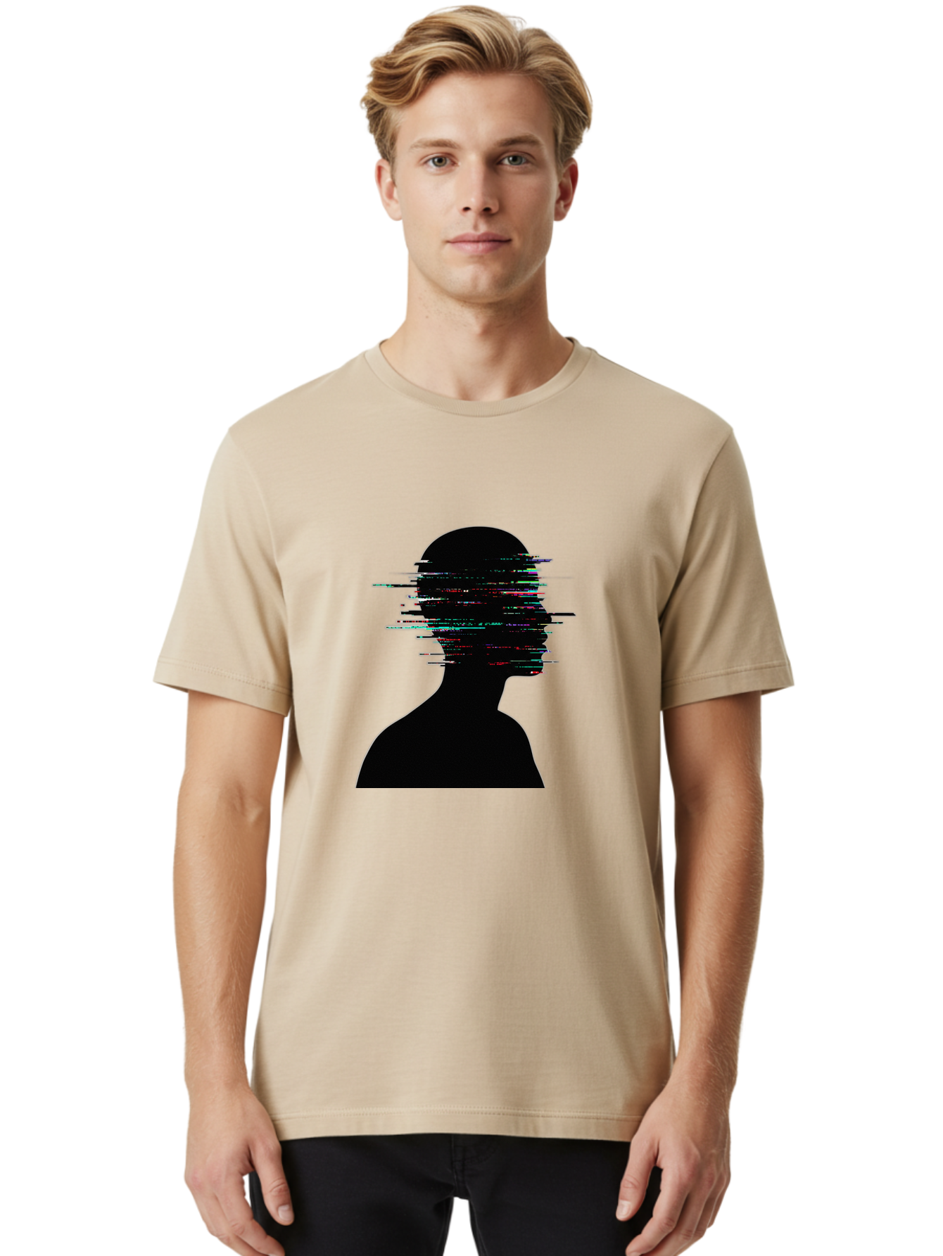 Glitching-Human-Silhouette Men'S Graphic Tee, 100% Cotton, Comfortable Casual Summer Wear, Machine Washable, Vintage Camera, Old Camera, Antique Camera, Black Camera, Classic Photography, Photography Equipment, Nostalgic Device, Film Camera, Bak696