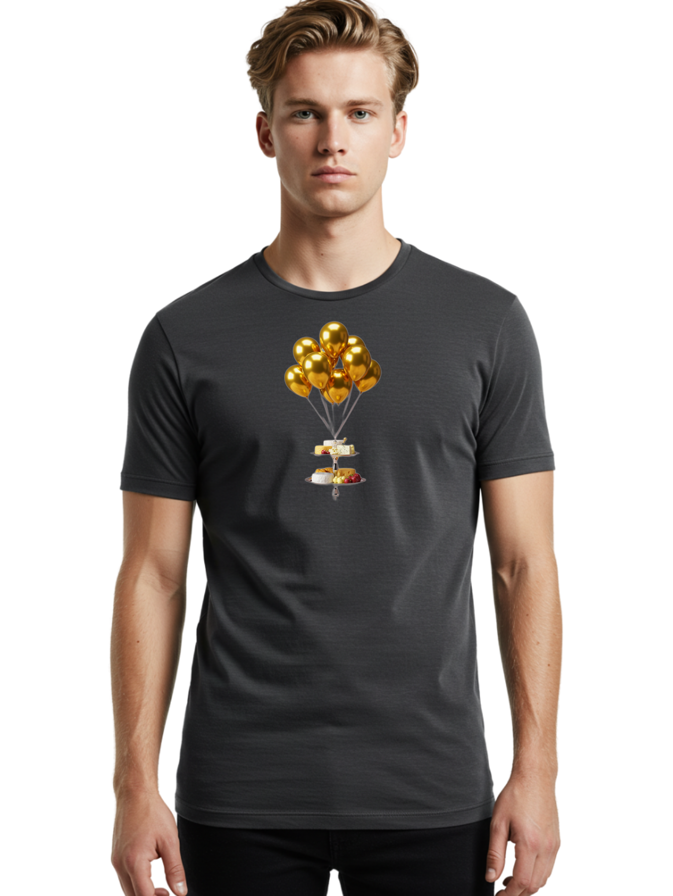 Gold-Balloons-Cake-Stand-Dessert Men'S Graphic Tee, 100% Cotton, Comfortable Casual Summer Wear, Machine Washable, Vintage Camera, Old Camera, Antique Camera, Black Camera, Classic Photography, Photography Equipment, Nostalgic Device, Bak705