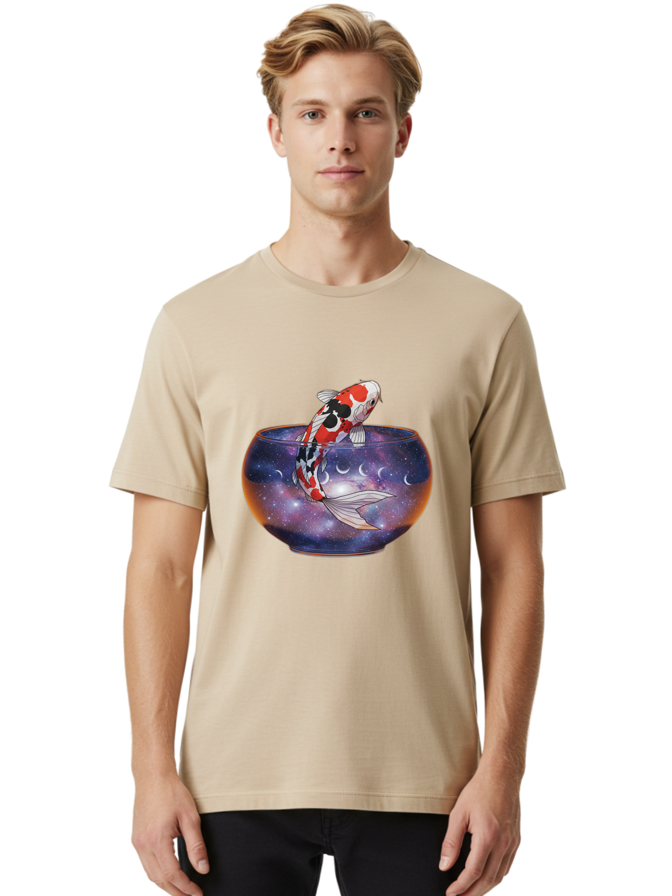 Koi-Fish-In-Galaxy-Bowl-1 Men'S Graphic Tee, 100% Cotton, Comfortable Casual Summer Wear, Machine Washable, Vintage Camera, Old Camera, Antique Camera, Black Camera, Classic Photography, Photography Equipment, Nostalgic Device, Film Camera, Bak793