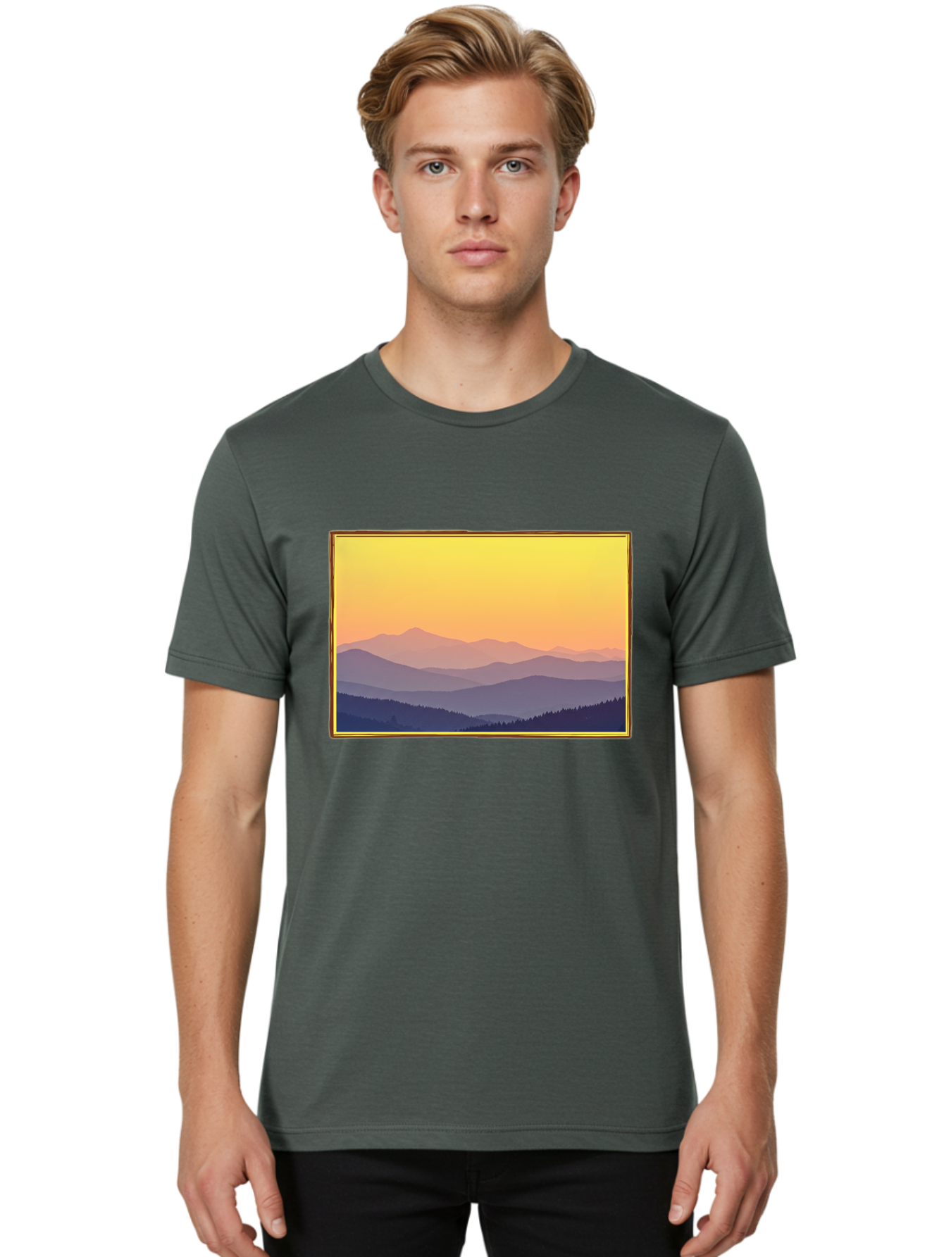 Layered-Mountains-At-Sunset Men'S Graphic Tee, 100% Cotton, Comfortable Casual Summer Wear, Machine Washable, Vintage Camera, Old Camera, Antique Camera, Black Camera, Classic Photography, Photography Equipment, Nostalgic Device, Film Camera, Bak802