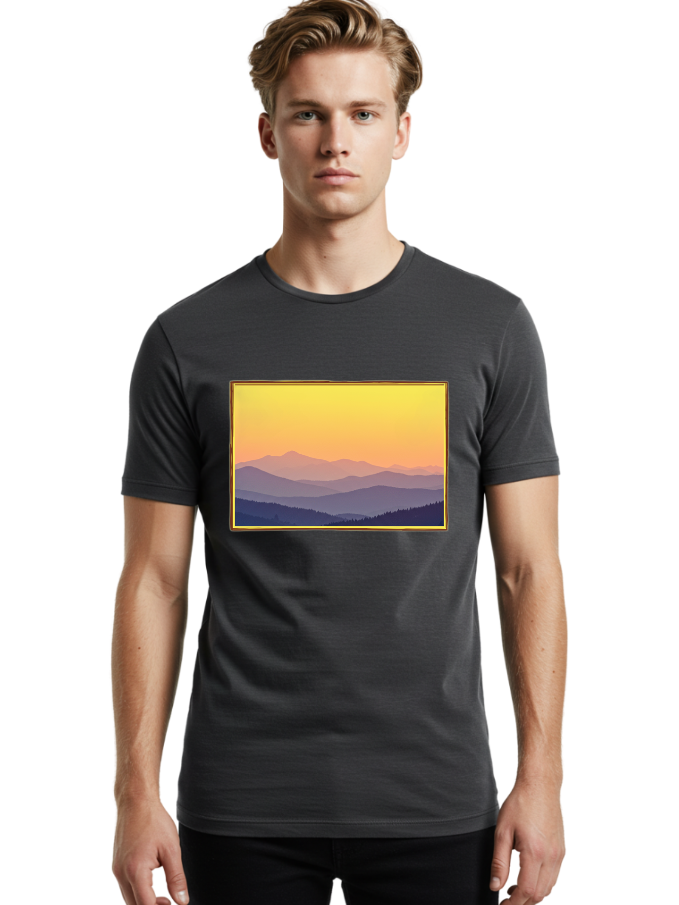 Layered-Mountains-At-Sunset Men'S Graphic Tee, 100% Cotton, Comfortable Casual Summer Wear, Machine Washable, Vintage Camera, Old Camera, Antique Camera, Black Camera, Classic Photography, Photography Equipment, Nostalgic Device, Film Camera, Bak802
