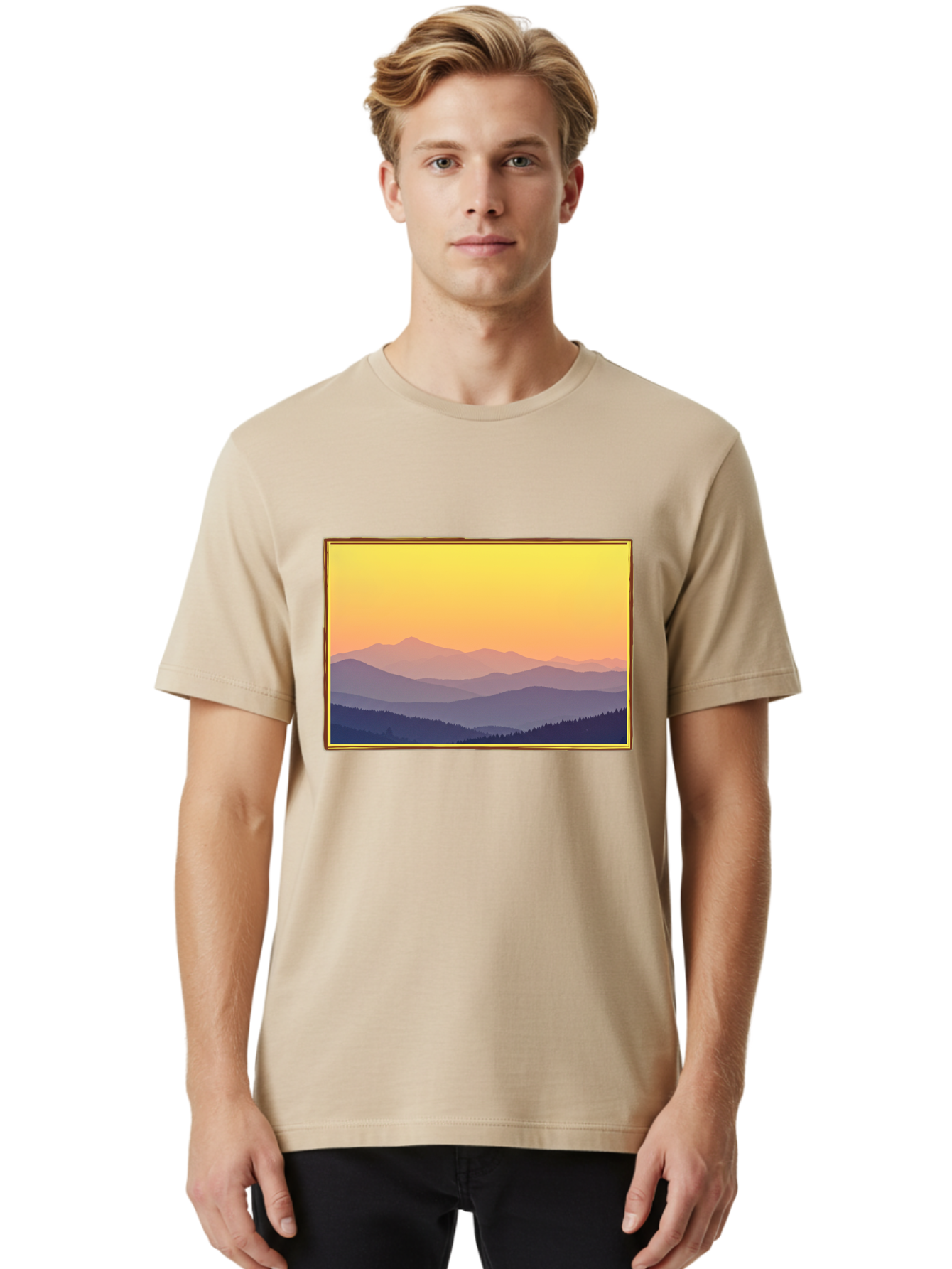 Layered-Mountains-At-Sunset Men'S Graphic Tee, 100% Cotton, Comfortable Casual Summer Wear, Machine Washable, Vintage Camera, Old Camera, Antique Camera, Black Camera, Classic Photography, Photography Equipment, Nostalgic Device, Film Camera, Bak802