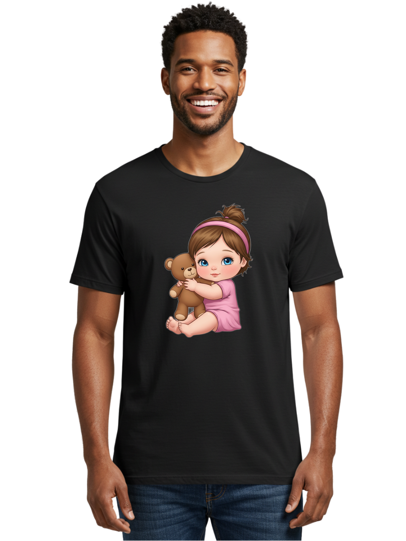 Little-Girl-Hugging-Teddy-Bear-1 Men'S Graphic Tee, 100% Cotton, Comfortable Casual Summer Wear, Machine Washable, Vintage Camera, Old Camera, Antique Camera, Black Camera, Classic Photography, Photography Equipment, Nostalgic Device, Bak819