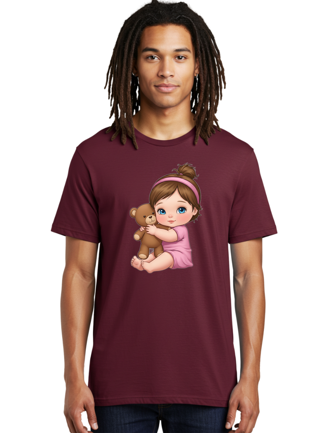 Little-Girl-Hugging-Teddy-Bear-1 Men'S Graphic Tee, 100% Cotton, Comfortable Casual Summer Wear, Machine Washable, Vintage Camera, Old Camera, Antique Camera, Black Camera, Classic Photography, Photography Equipment, Nostalgic Device, Bak819