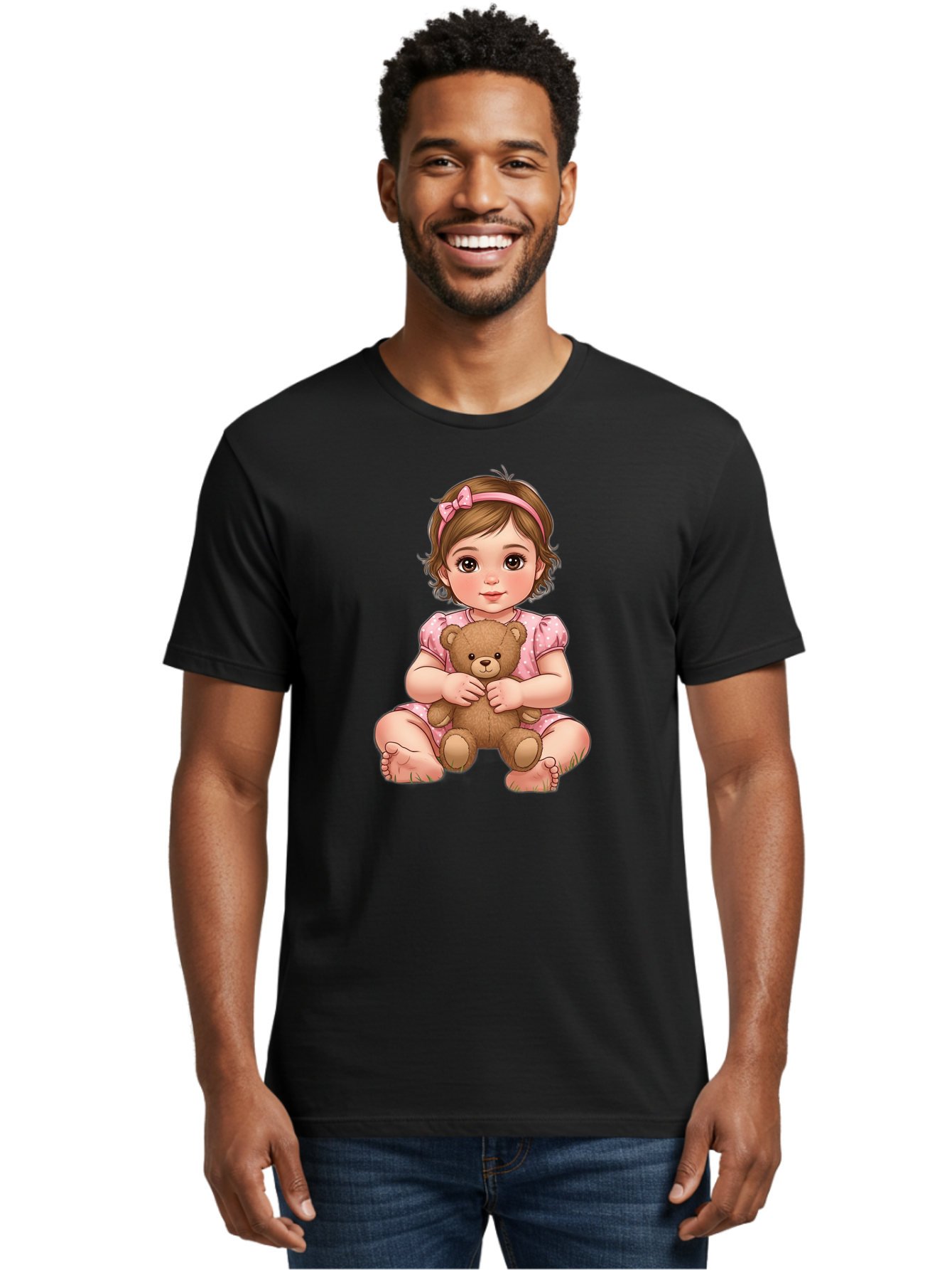 Little-Girl-Hugging-Teddy-Bear-2 Men'S Graphic Tee, 100% Cotton, Comfortable Casual Summer Wear, Machine Washable, Vintage Camera, Old Camera, Antique Camera, Black Camera, Classic Photography, Photography Equipment, Nostalgic Device, Bak820