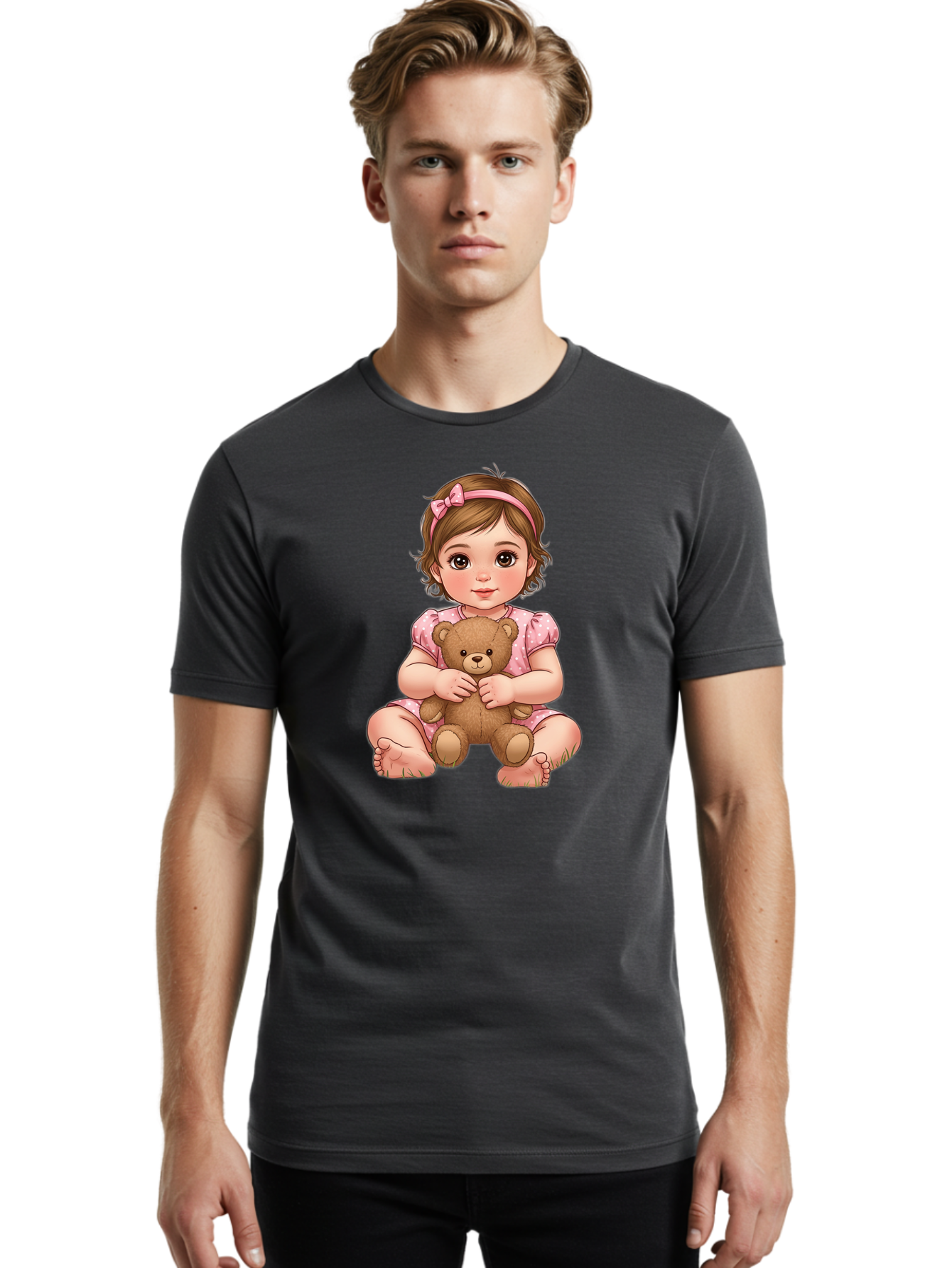 Little-Girl-Hugging-Teddy-Bear-2 Men'S Graphic Tee, 100% Cotton, Comfortable Casual Summer Wear, Machine Washable, Vintage Camera, Old Camera, Antique Camera, Black Camera, Classic Photography, Photography Equipment, Nostalgic Device, Bak820
