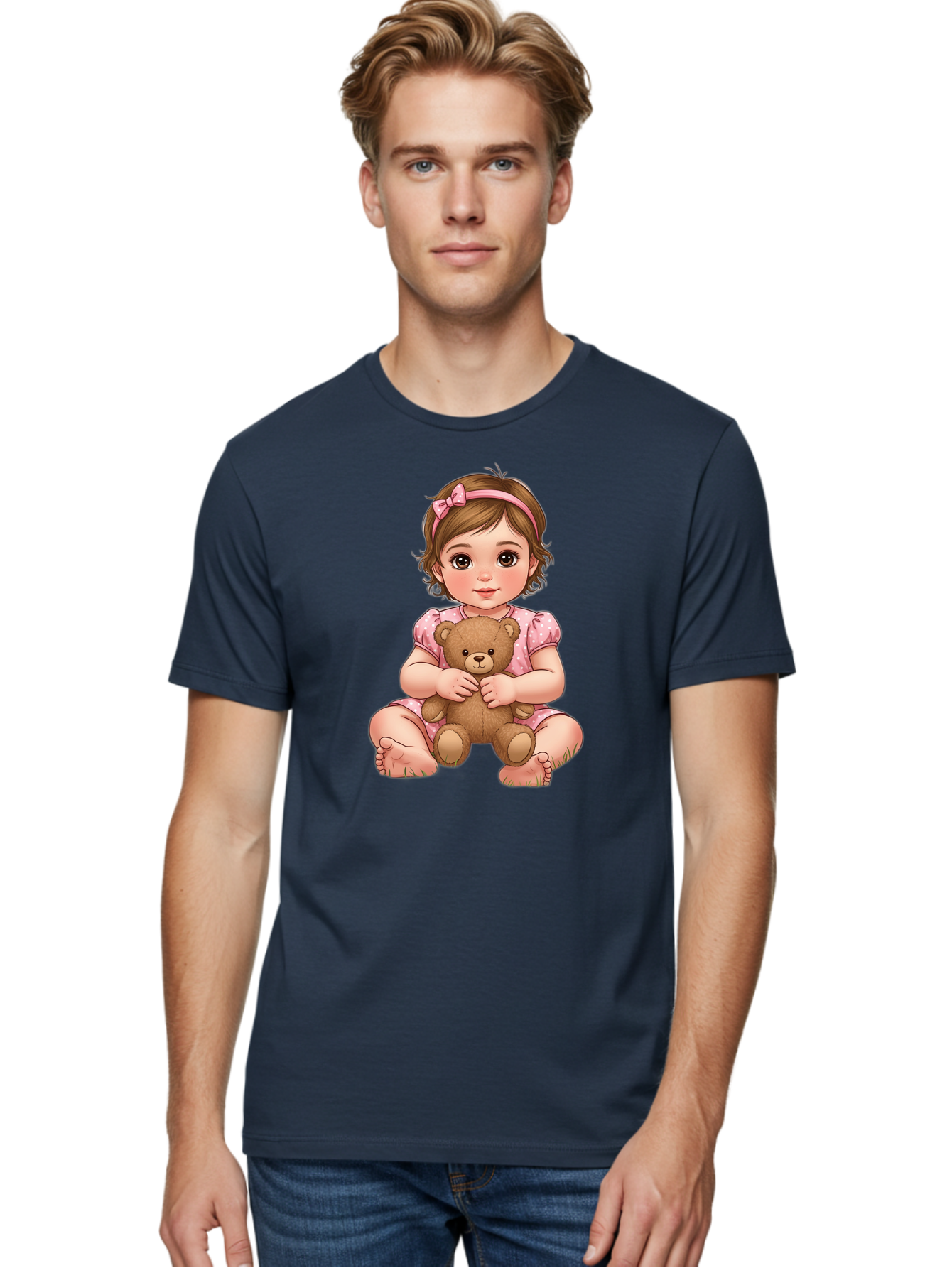 Little-Girl-Hugging-Teddy-Bear-2 Men'S Graphic Tee, 100% Cotton, Comfortable Casual Summer Wear, Machine Washable, Vintage Camera, Old Camera, Antique Camera, Black Camera, Classic Photography, Photography Equipment, Nostalgic Device, Bak820