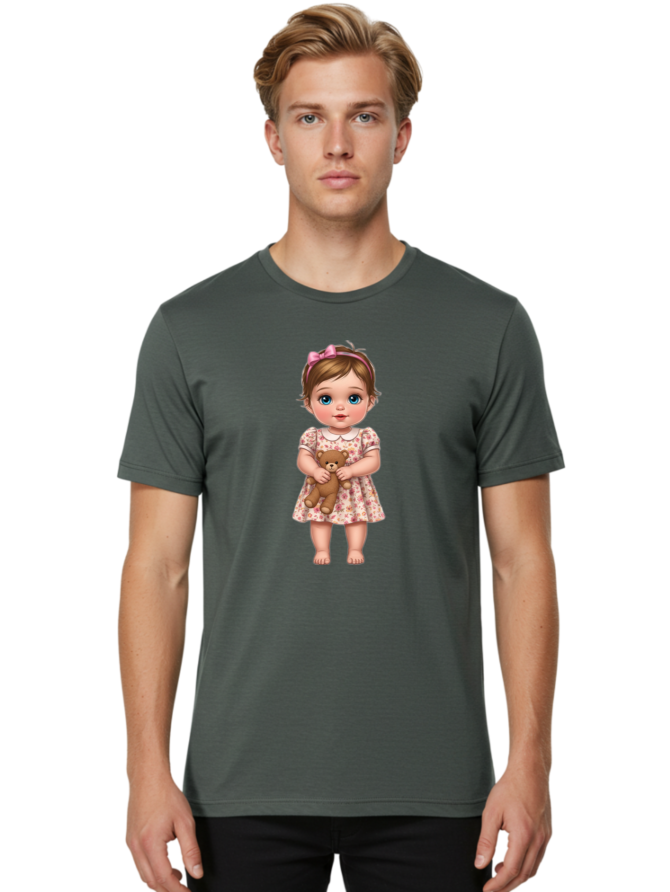 Little-Girl-With-Teddy-Bear-1 Men'S Graphic Tee, 100% Cotton, Comfortable Casual Summer Wear, Machine Washable, Vintage Camera, Old Camera, Antique Camera, Black Camera, Classic Photography, Photography Equipment, Nostalgic Device, Bak825