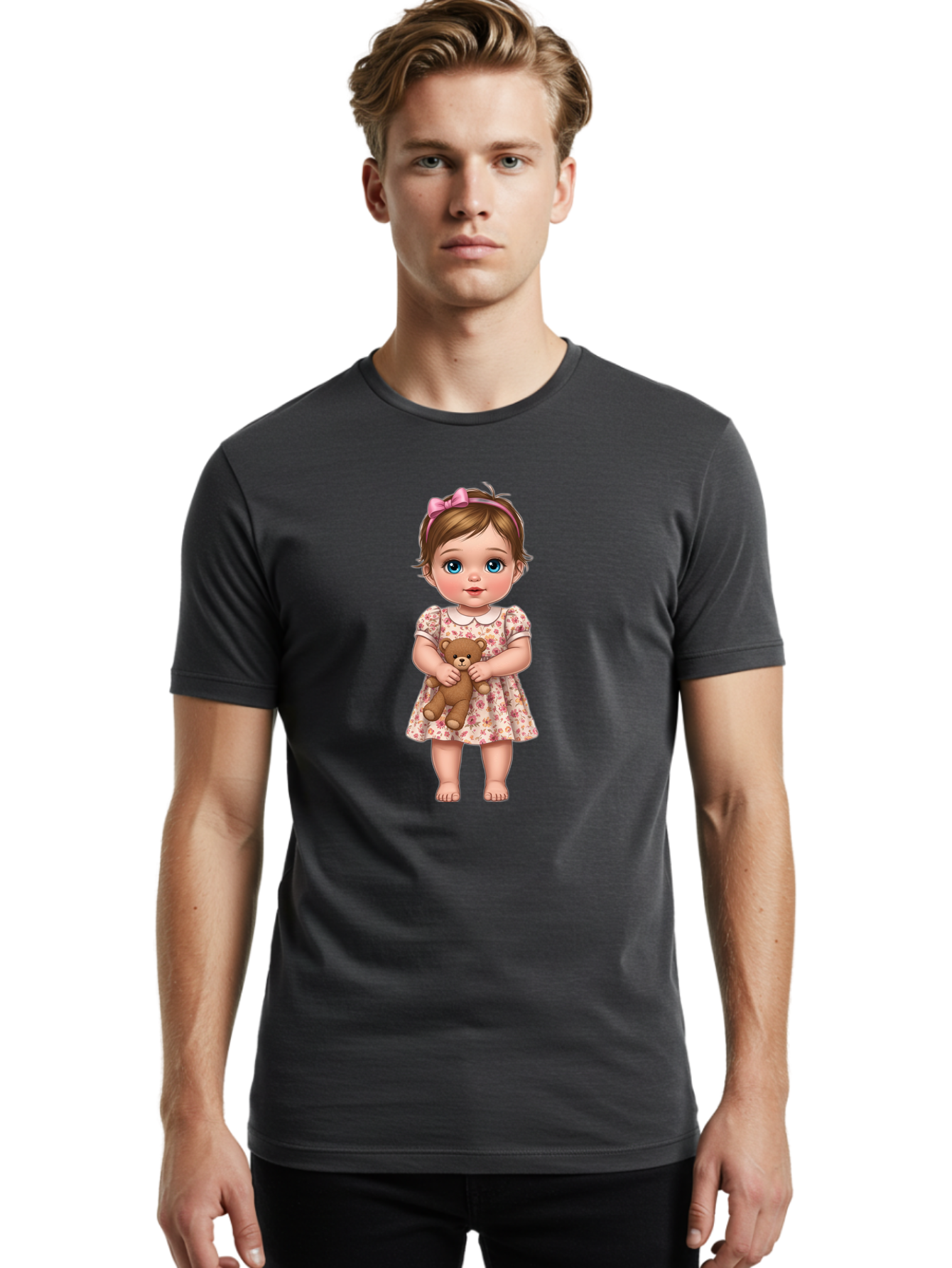 Little-Girl-With-Teddy-Bear-1 Men'S Graphic Tee, 100% Cotton, Comfortable Casual Summer Wear, Machine Washable, Vintage Camera, Old Camera, Antique Camera, Black Camera, Classic Photography, Photography Equipment, Nostalgic Device, Bak825