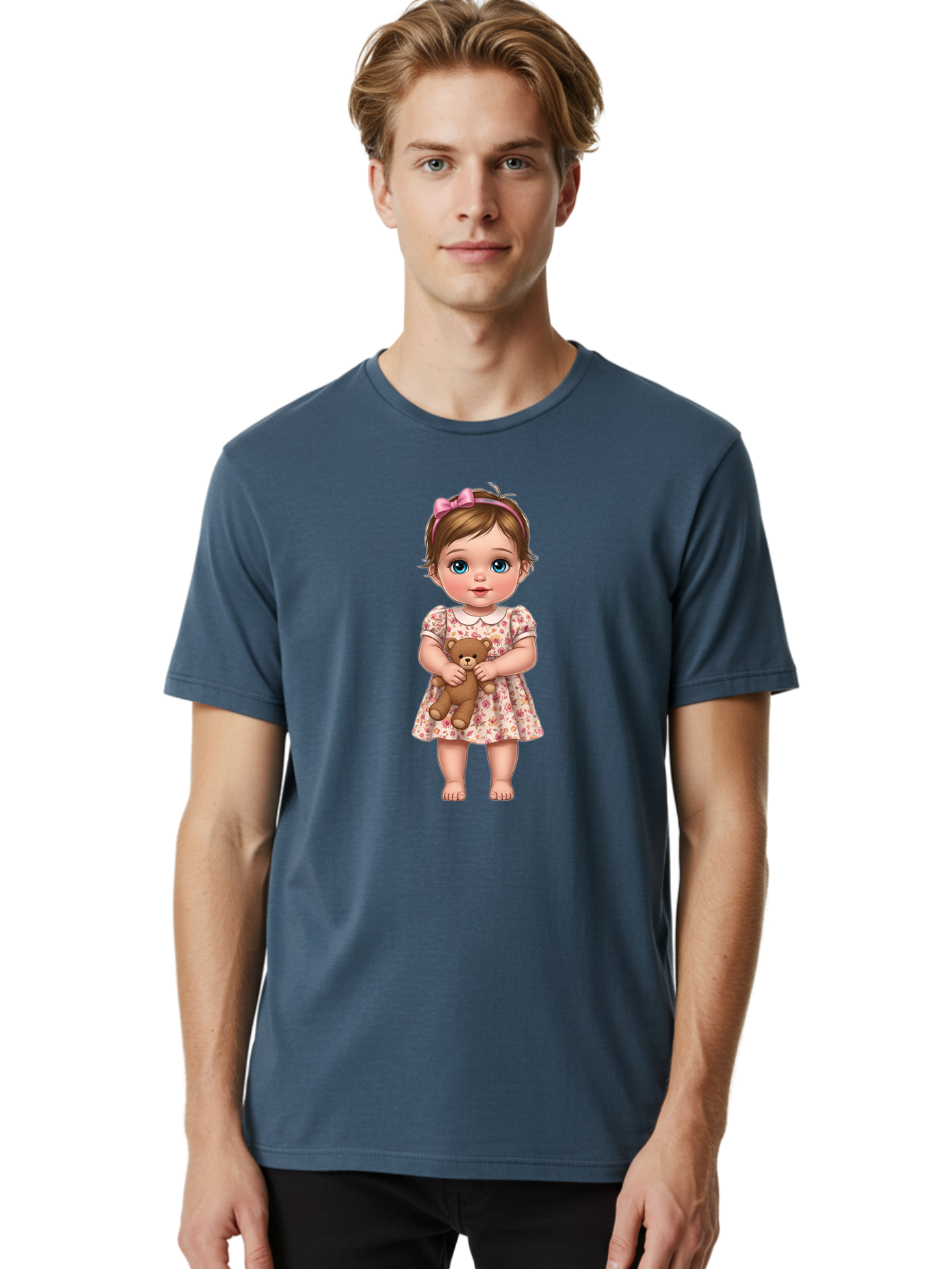 Little-Girl-With-Teddy-Bear-1 Men'S Graphic Tee, 100% Cotton, Comfortable Casual Summer Wear, Machine Washable, Vintage Camera, Old Camera, Antique Camera, Black Camera, Classic Photography, Photography Equipment, Nostalgic Device, Bak825