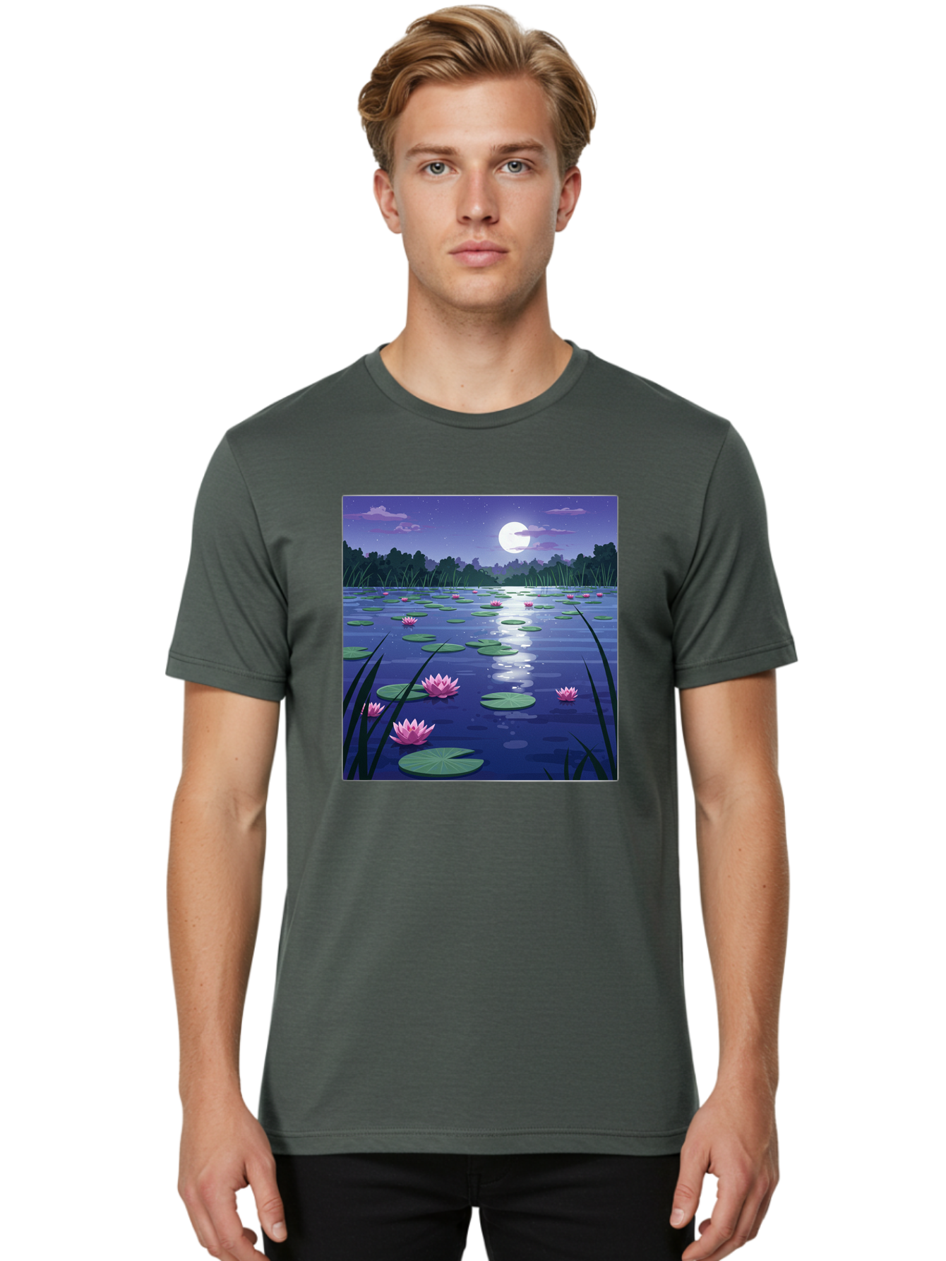 Lotus-Flowers-Under-Moonlight Men'S Graphic Tee, 100% Cotton, Comfortable Casual Summer Wear, Machine Washable, Vintage Camera, Old Camera, Antique Camera, Black Camera, Classic Photography, Photography Equipment, Nostalgic Device, Bak842