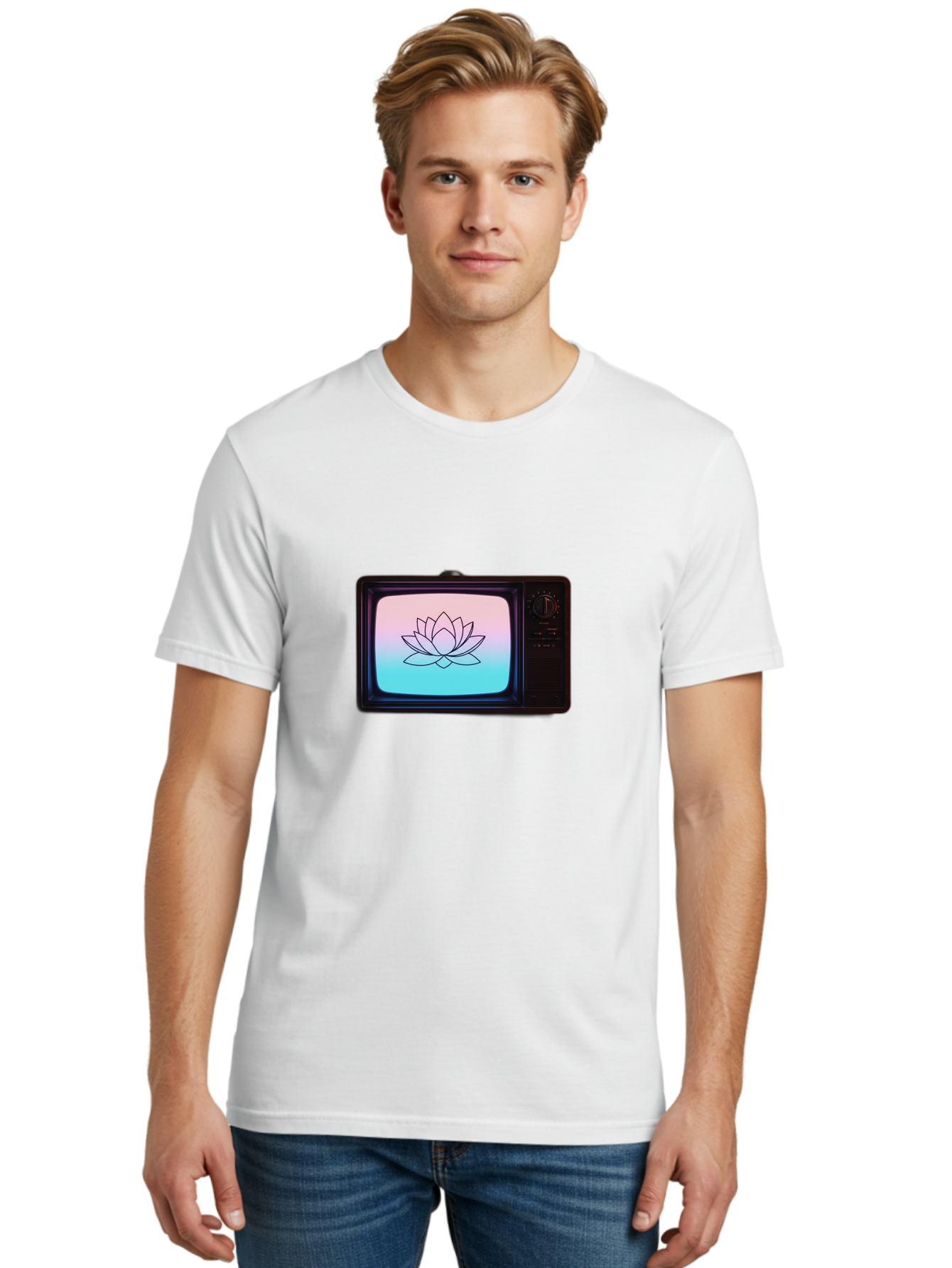 Lotus-On-Retro-Tv Men'S Graphic Tee, 100% Cotton, Comfortable Casual Summer Wear, Machine Washable, Vintage Camera, Old Camera, Antique Camera, Black Camera, Classic Photography, Photography Equipment, Nostalgic Device, Film Camera, Camera Art Bak844