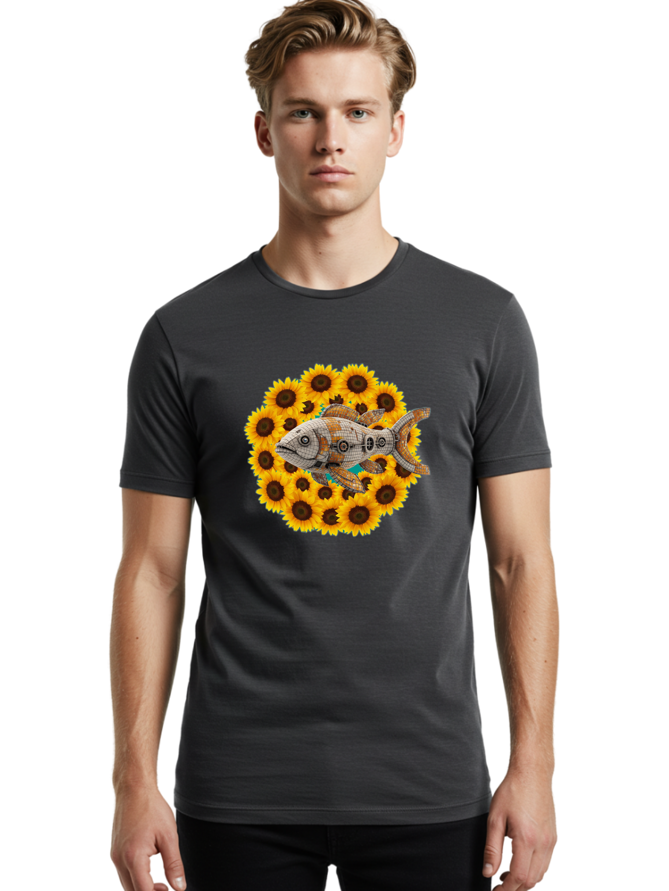 Mechanical-Fish-Sunflowers Men'S Graphic Tee, 100% Cotton, Comfortable Casual Summer Wear, Machine Washable, Vintage Camera, Old Camera, Antique Camera, Black Camera, Classic Photography, Photography Equipment, Nostalgic Device, Film Camera, Bak857