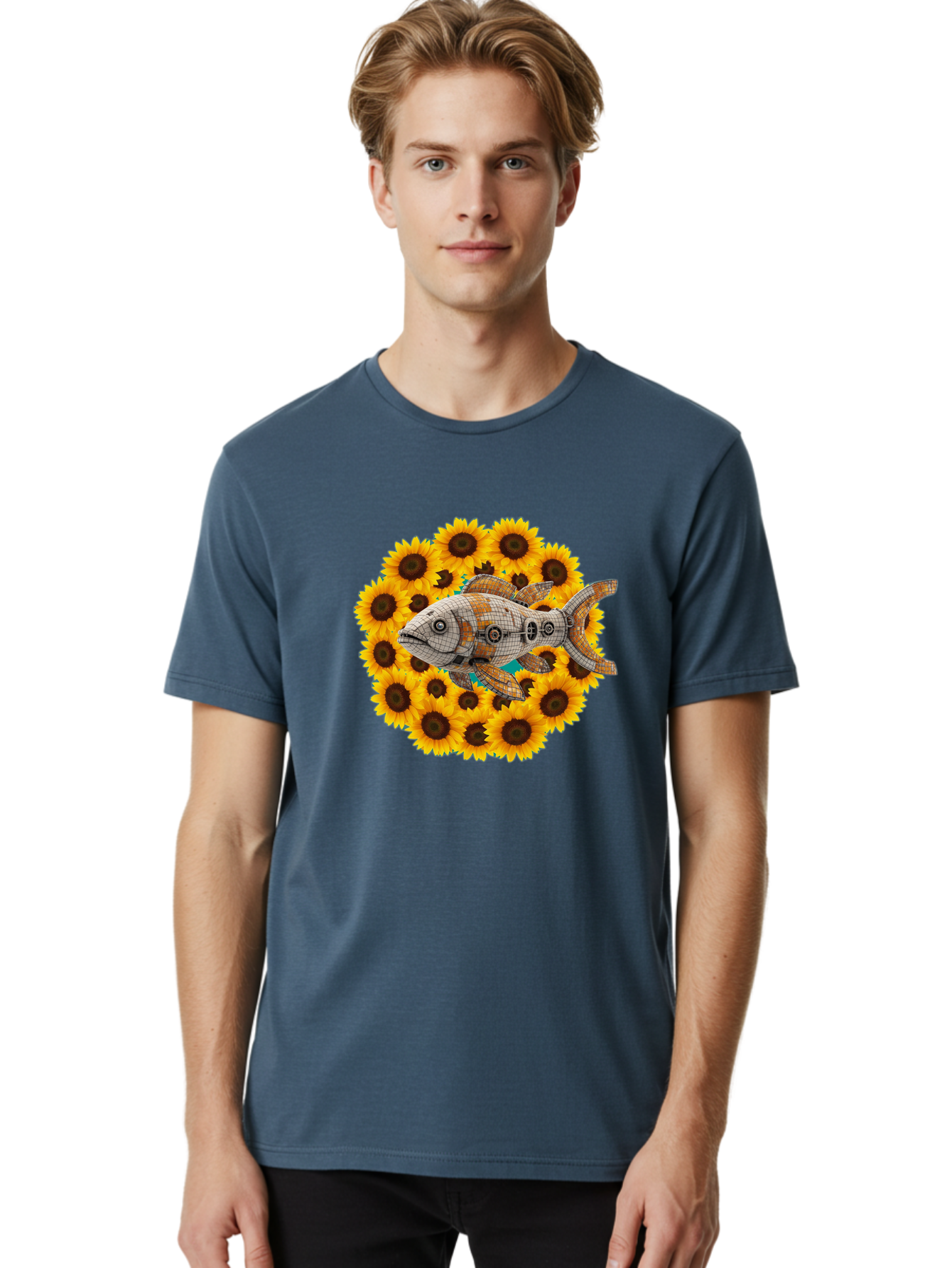 Mechanical-Fish-Sunflowers Men'S Graphic Tee, 100% Cotton, Comfortable Casual Summer Wear, Machine Washable, Vintage Camera, Old Camera, Antique Camera, Black Camera, Classic Photography, Photography Equipment, Nostalgic Device, Film Camera, Bak857