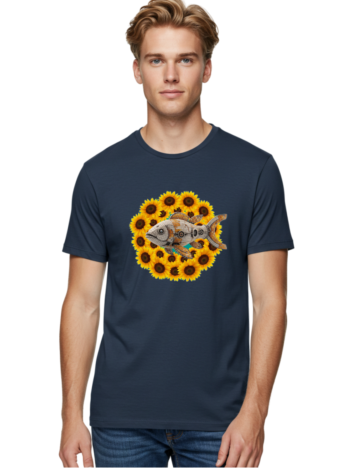 Mechanical-Fish-Sunflowers Men'S Graphic Tee, 100% Cotton, Comfortable Casual Summer Wear, Machine Washable, Vintage Camera, Old Camera, Antique Camera, Black Camera, Classic Photography, Photography Equipment, Nostalgic Device, Film Camera, Bak857