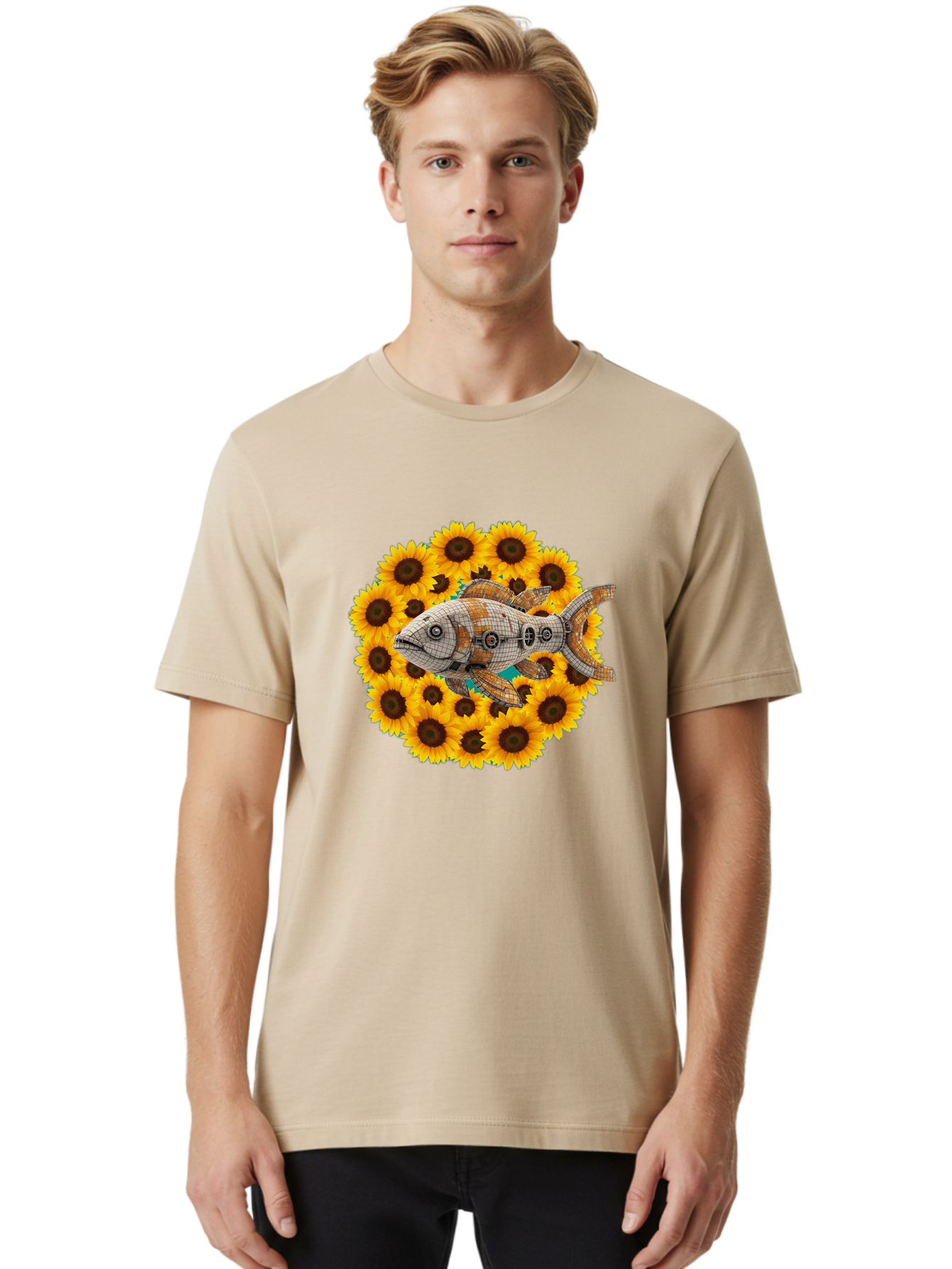Mechanical-Fish-Sunflowers Men'S Graphic Tee, 100% Cotton, Comfortable Casual Summer Wear, Machine Washable, Vintage Camera, Old Camera, Antique Camera, Black Camera, Classic Photography, Photography Equipment, Nostalgic Device, Film Camera, Bak857