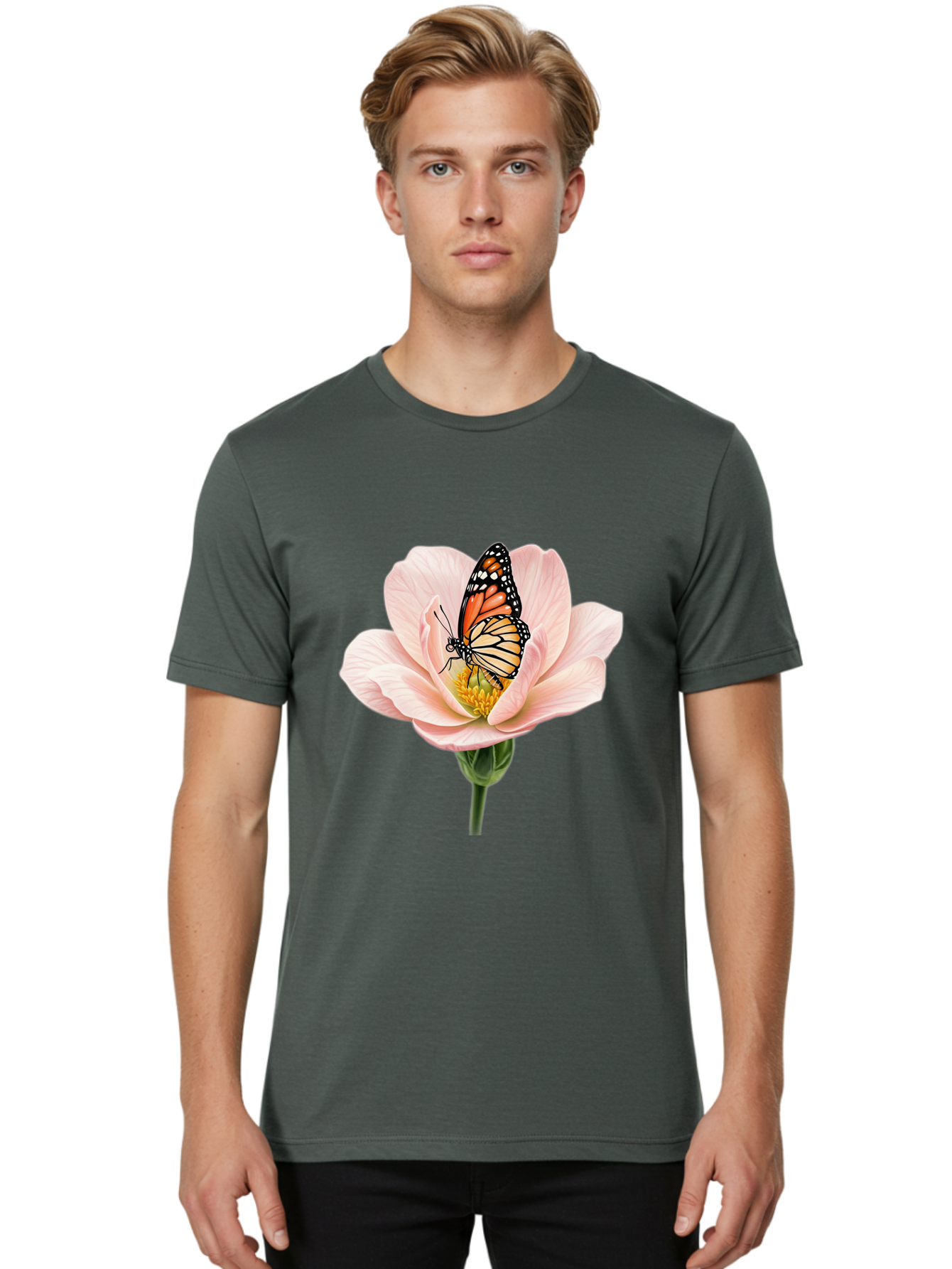 Monarch-On-Pink-Flower Men'S Graphic Tee, 100% Cotton, Comfortable Casual Summer Wear, Machine Washable, Vintage Camera, Old Camera, Antique Camera, Black Camera, Classic Photography, Photography Equipment, Nostalgic Device, Film Camera, Bak890
