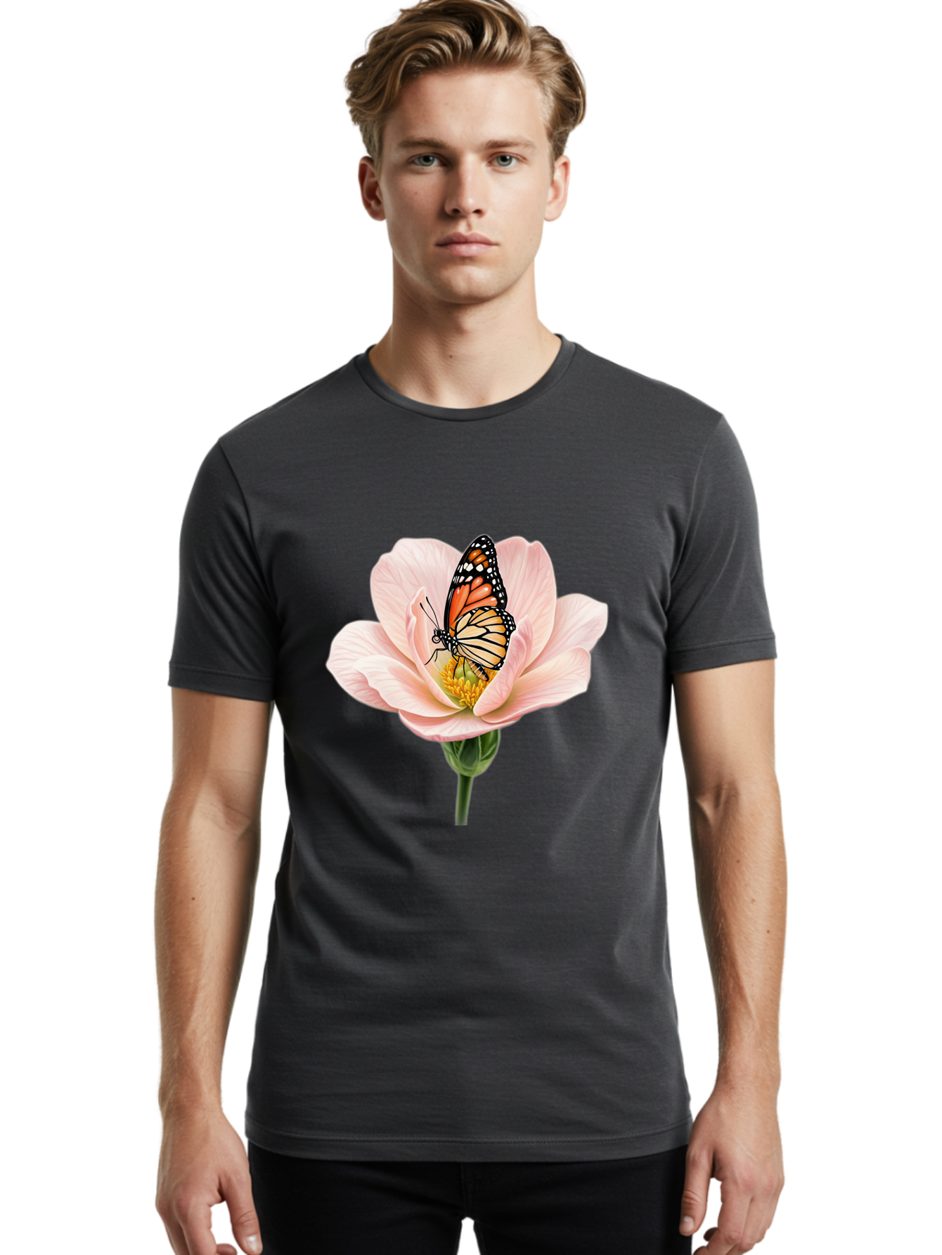 Monarch-On-Pink-Flower Men'S Graphic Tee, 100% Cotton, Comfortable Casual Summer Wear, Machine Washable, Vintage Camera, Old Camera, Antique Camera, Black Camera, Classic Photography, Photography Equipment, Nostalgic Device, Film Camera, Bak890