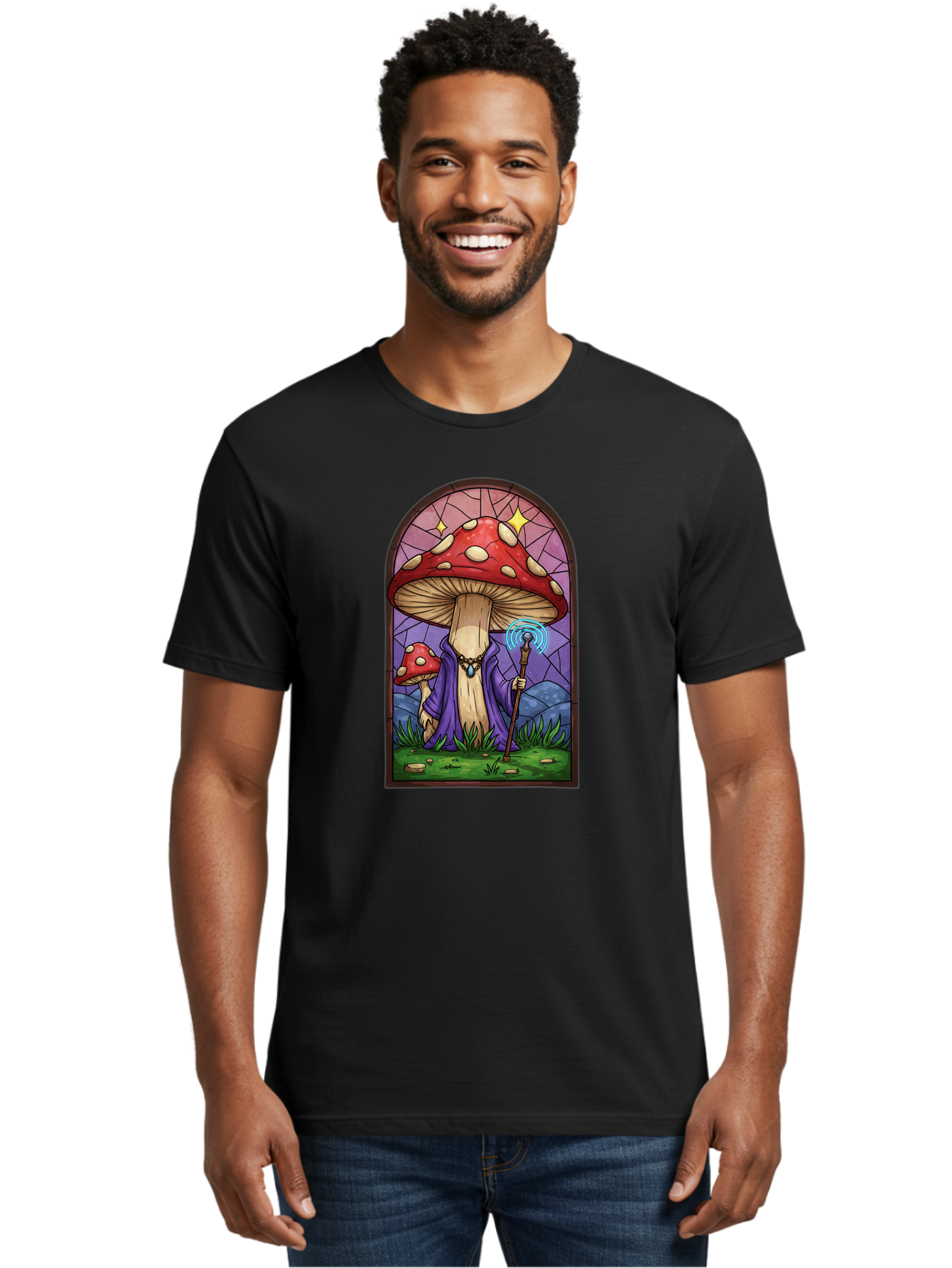 Mushroom-Wizard-Stained-Glass Men'S Graphic Tee, 100% Cotton, Comfortable Casual Summer Wear, Machine Washable, Vintage Camera, Old Camera, Antique Camera, Black Camera, Classic Photography, Photography Equipment, Nostalgic Device, Bak920