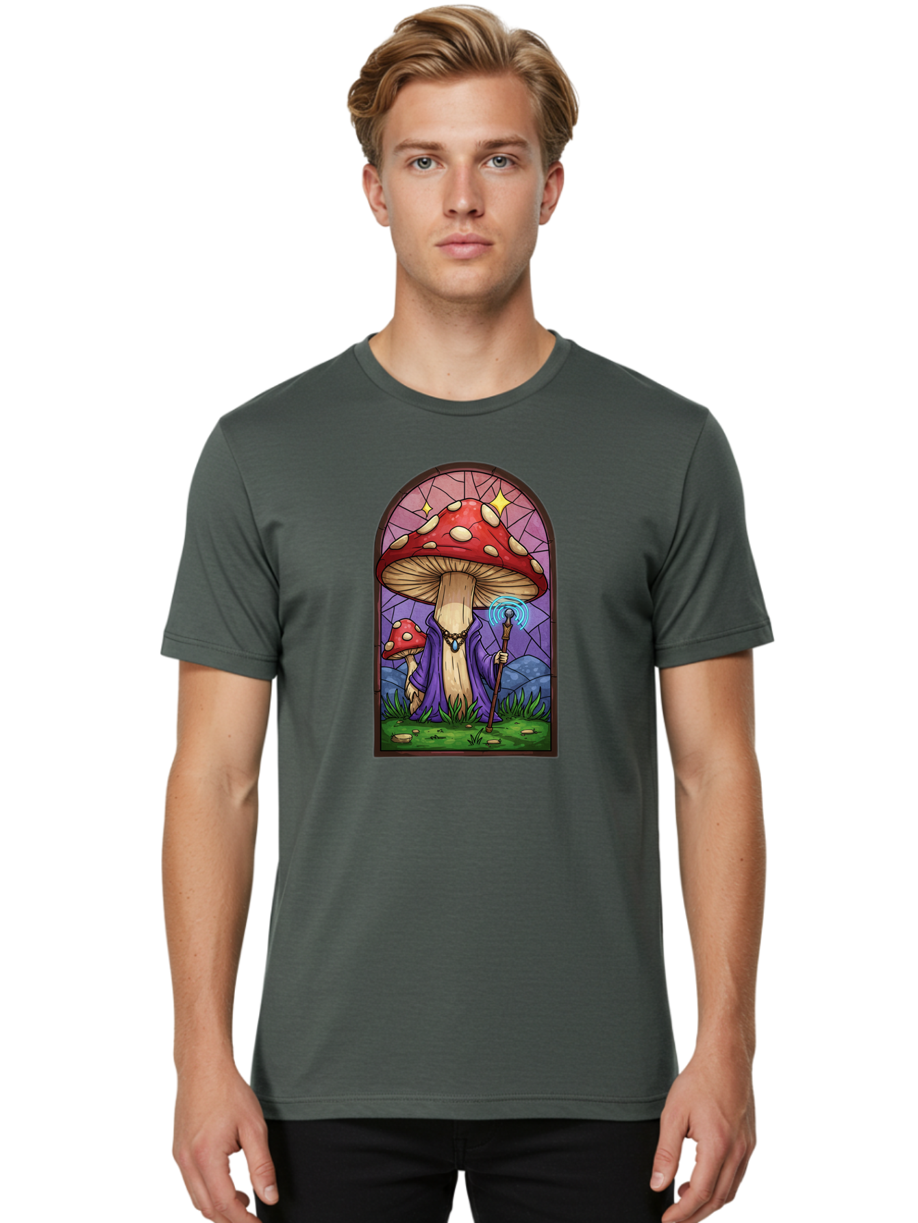 Mushroom-Wizard-Stained-Glass Men'S Graphic Tee, 100% Cotton, Comfortable Casual Summer Wear, Machine Washable, Vintage Camera, Old Camera, Antique Camera, Black Camera, Classic Photography, Photography Equipment, Nostalgic Device, Bak920