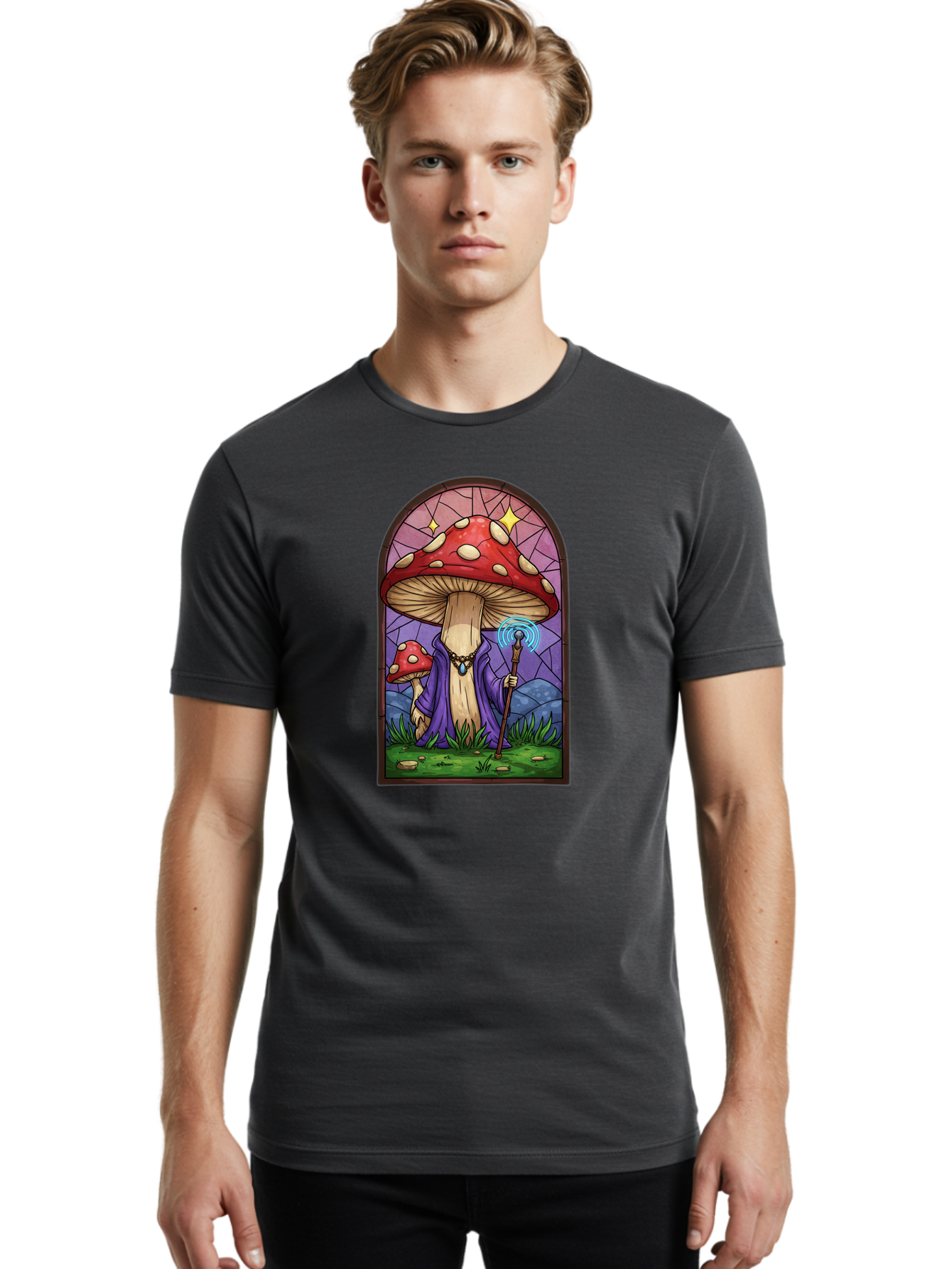 Mushroom-Wizard-Stained-Glass Men'S Graphic Tee, 100% Cotton, Comfortable Casual Summer Wear, Machine Washable, Vintage Camera, Old Camera, Antique Camera, Black Camera, Classic Photography, Photography Equipment, Nostalgic Device, Bak920