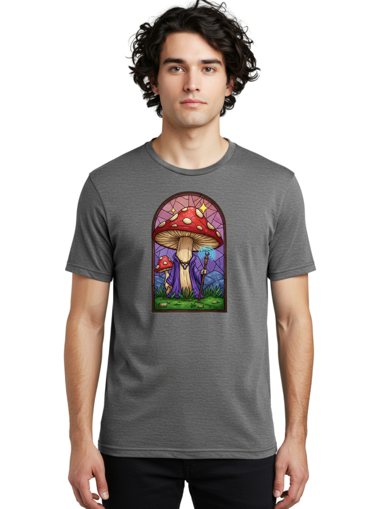 Mushroom-Wizard-Stained-Glass Men'S Graphic Tee, 100% Cotton, Comfortable Casual Summer Wear, Machine Washable, Vintage Camera, Old Camera, Antique Camera, Black Camera, Classic Photography, Photography Equipment, Nostalgic Device, Bak920