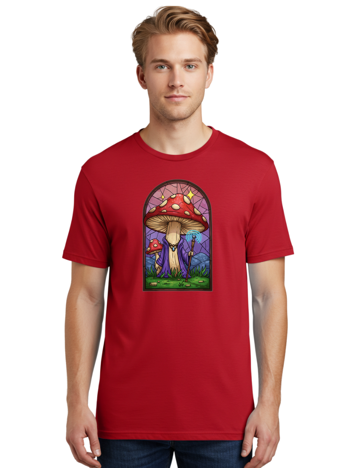Mushroom-Wizard-Stained-Glass Men'S Graphic Tee, 100% Cotton, Comfortable Casual Summer Wear, Machine Washable, Vintage Camera, Old Camera, Antique Camera, Black Camera, Classic Photography, Photography Equipment, Nostalgic Device, Bak920
