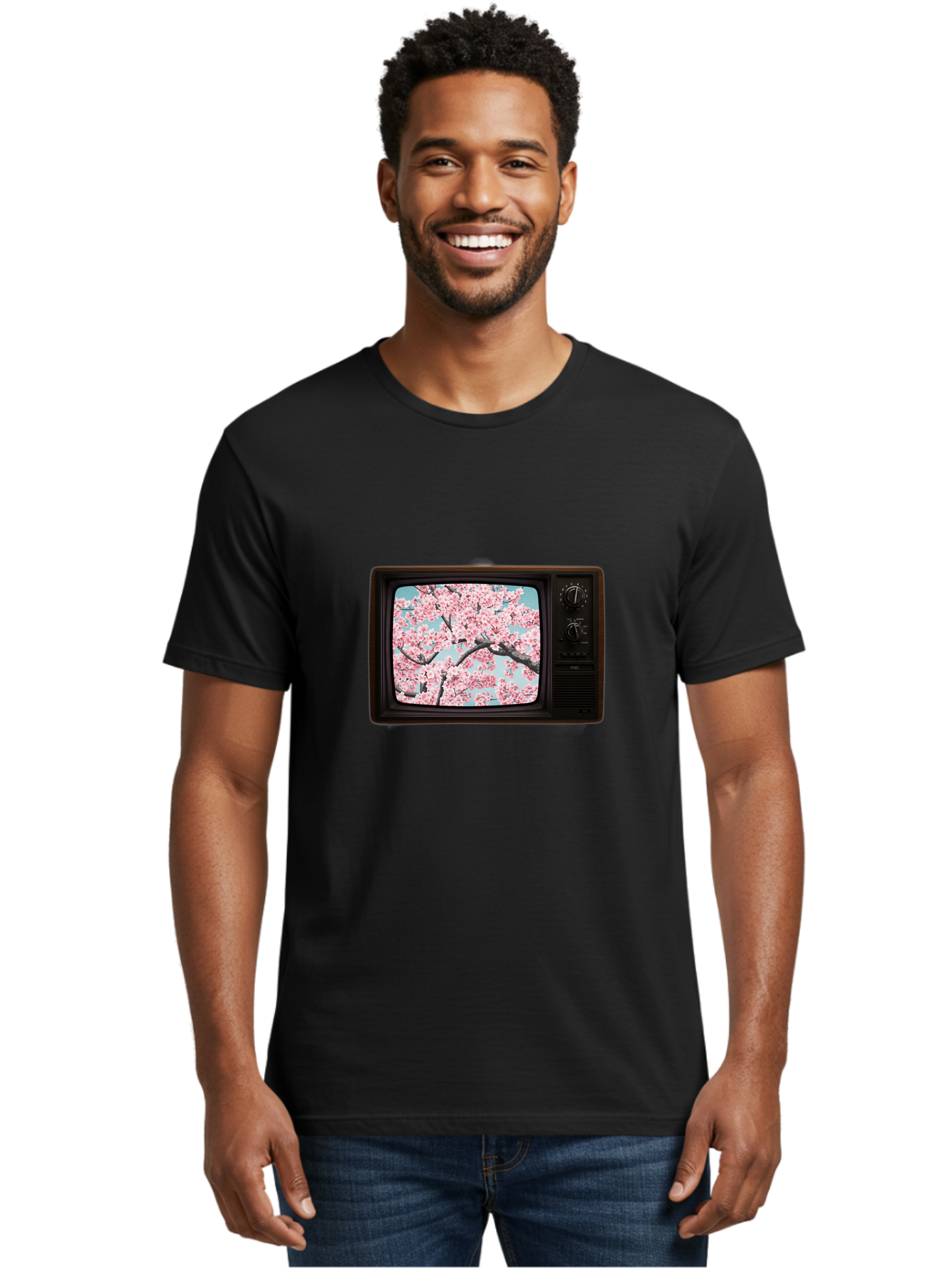 Old-Television-With-Cherry-Blossoms Men'S Graphic Tee, 100% Cotton, Comfortable Casual Summer Wear, Machine Washable, Vintage Camera, Old Camera, Antique Camera, Black Camera, Classic Photography, Photography Equipment, Nostalgic Device, Bak994