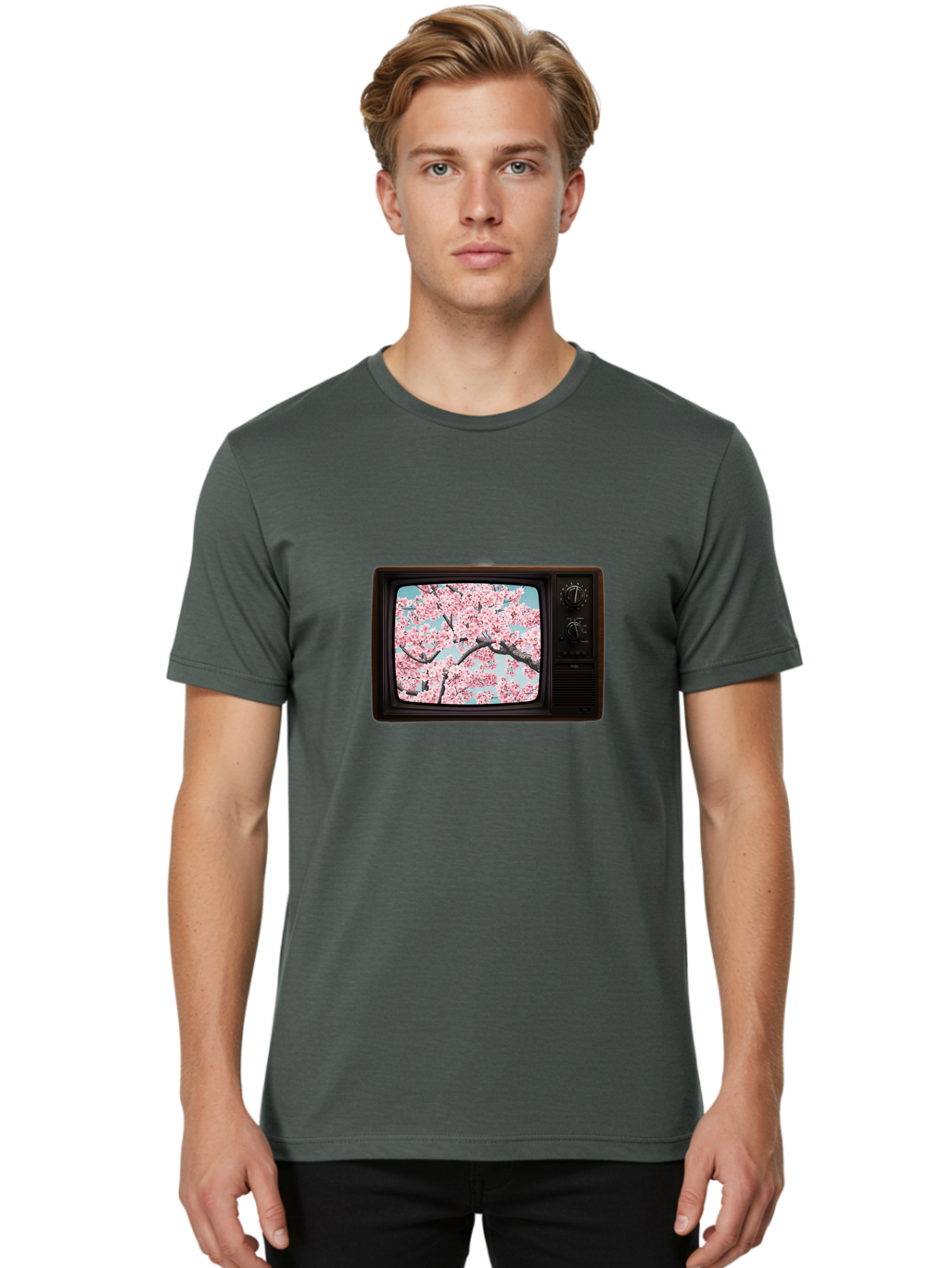 Old-Television-With-Cherry-Blossoms Men'S Graphic Tee, 100% Cotton, Comfortable Casual Summer Wear, Machine Washable, Vintage Camera, Old Camera, Antique Camera, Black Camera, Classic Photography, Photography Equipment, Nostalgic Device, Bak994