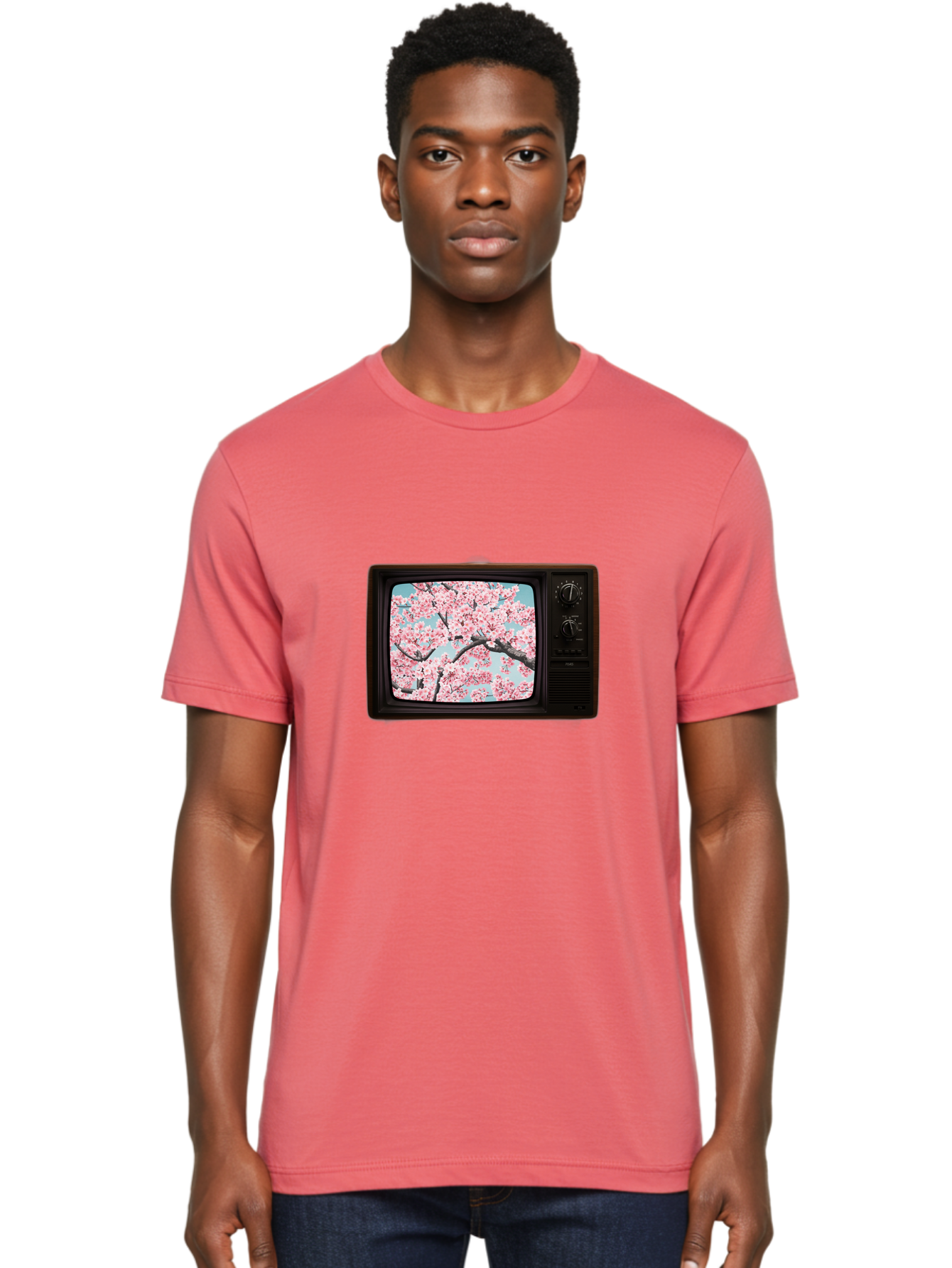 Old-Television-With-Cherry-Blossoms Men'S Graphic Tee, 100% Cotton, Comfortable Casual Summer Wear, Machine Washable, Vintage Camera, Old Camera, Antique Camera, Black Camera, Classic Photography, Photography Equipment, Nostalgic Device, Bak994