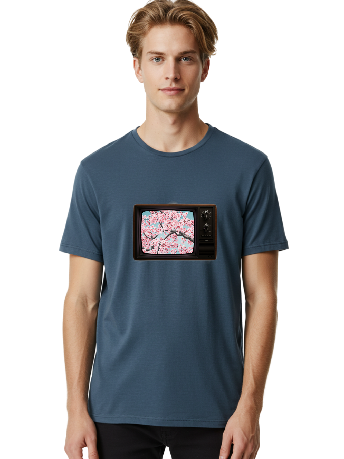 Old-Television-With-Cherry-Blossoms Men'S Graphic Tee, 100% Cotton, Comfortable Casual Summer Wear, Machine Washable, Vintage Camera, Old Camera, Antique Camera, Black Camera, Classic Photography, Photography Equipment, Nostalgic Device, Bak994