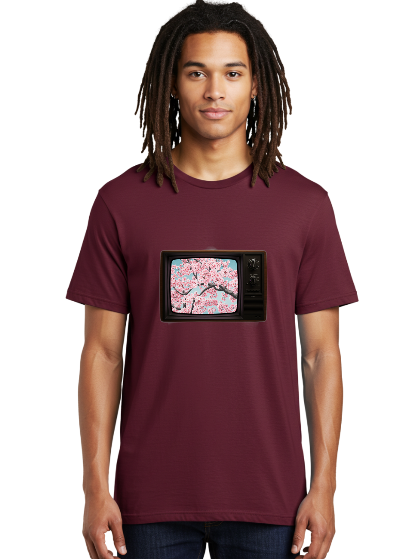 Old-Television-With-Cherry-Blossoms Men'S Graphic Tee, 100% Cotton, Comfortable Casual Summer Wear, Machine Washable, Vintage Camera, Old Camera, Antique Camera, Black Camera, Classic Photography, Photography Equipment, Nostalgic Device, Bak994