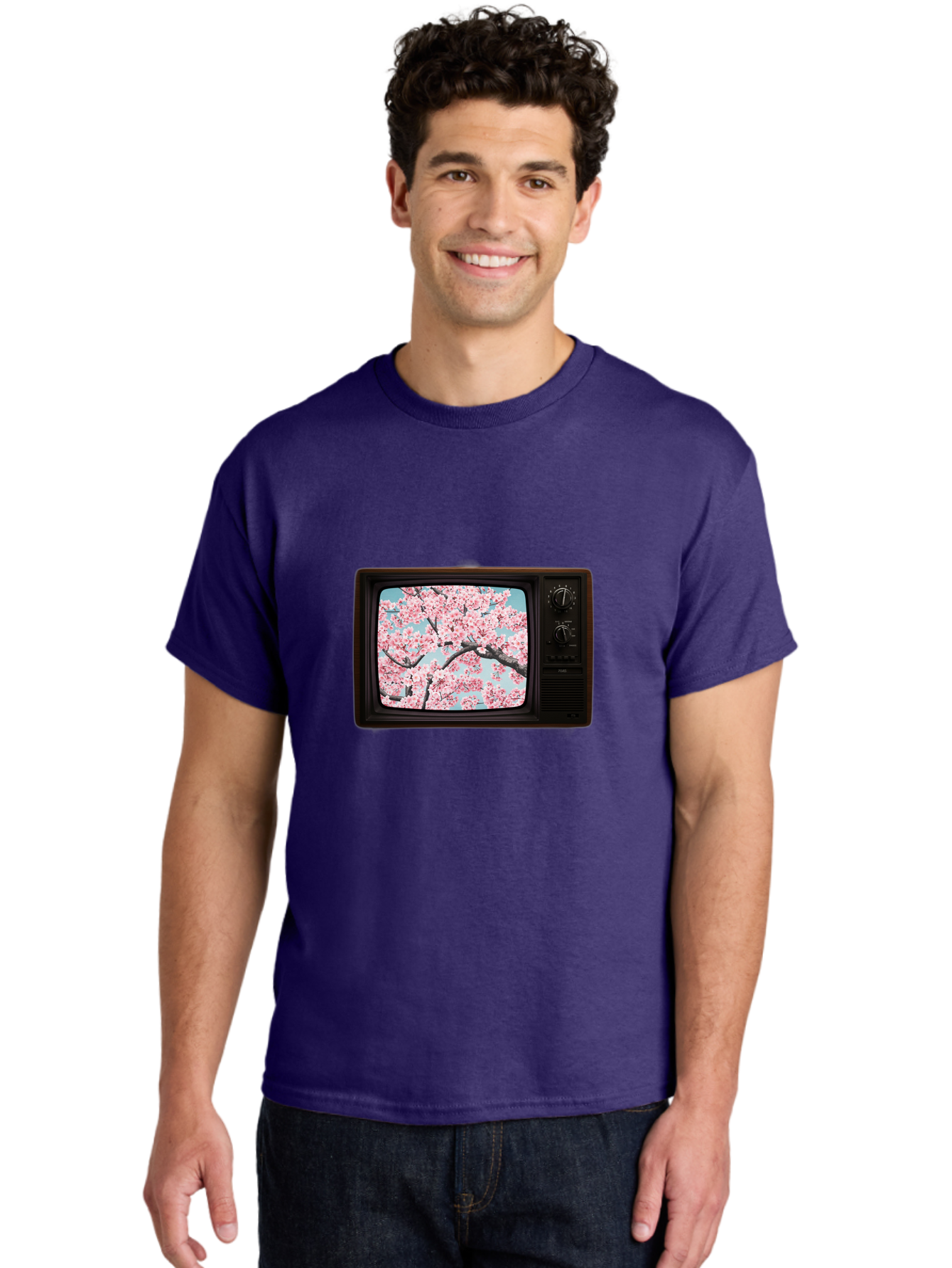 Old-Television-With-Cherry-Blossoms Men'S Graphic Tee, 100% Cotton, Comfortable Casual Summer Wear, Machine Washable, Vintage Camera, Old Camera, Antique Camera, Black Camera, Classic Photography, Photography Equipment, Nostalgic Device, Bak994